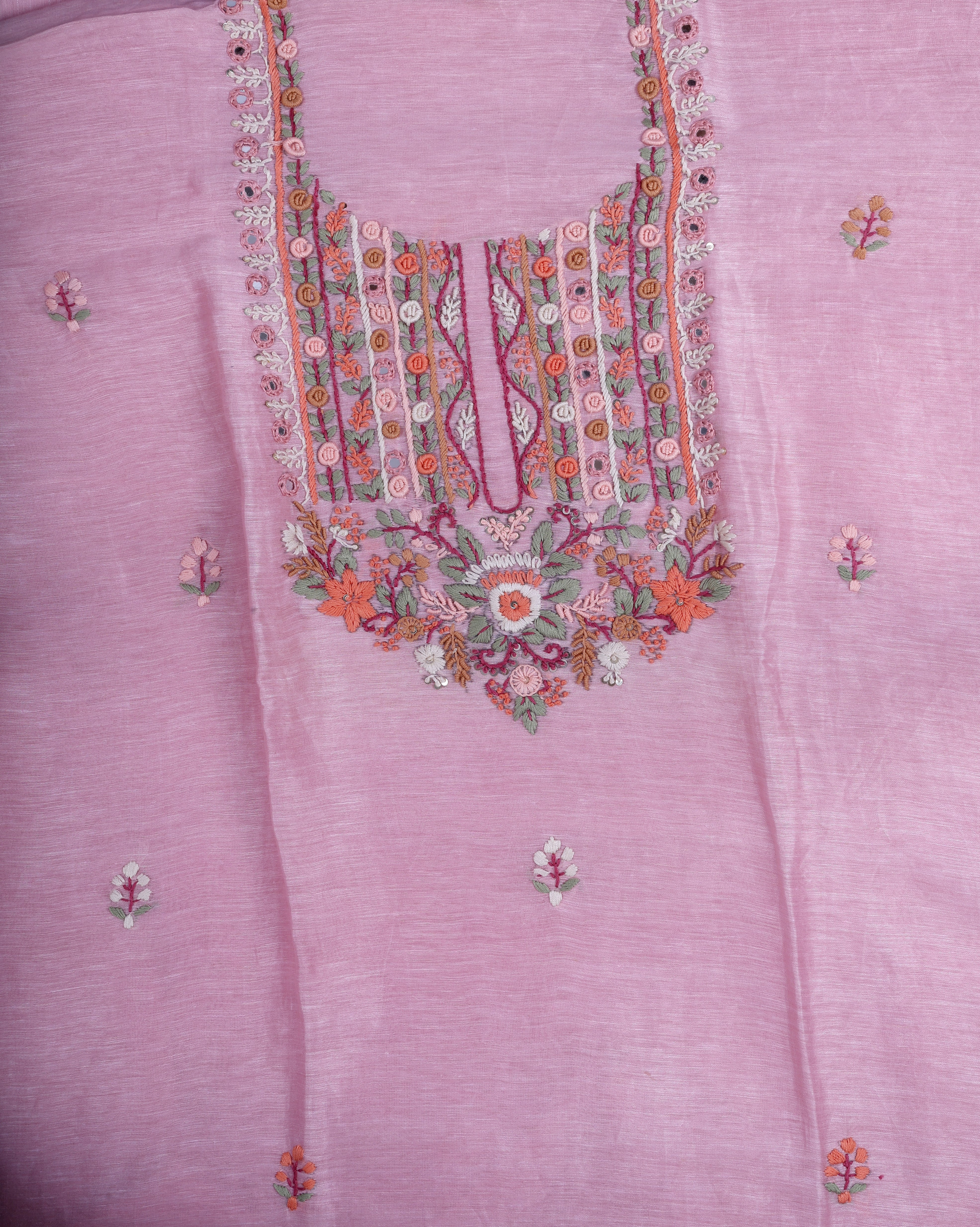 Blush Pink Linen Silk Suit Set with Hand Embroidery & Mirror Work