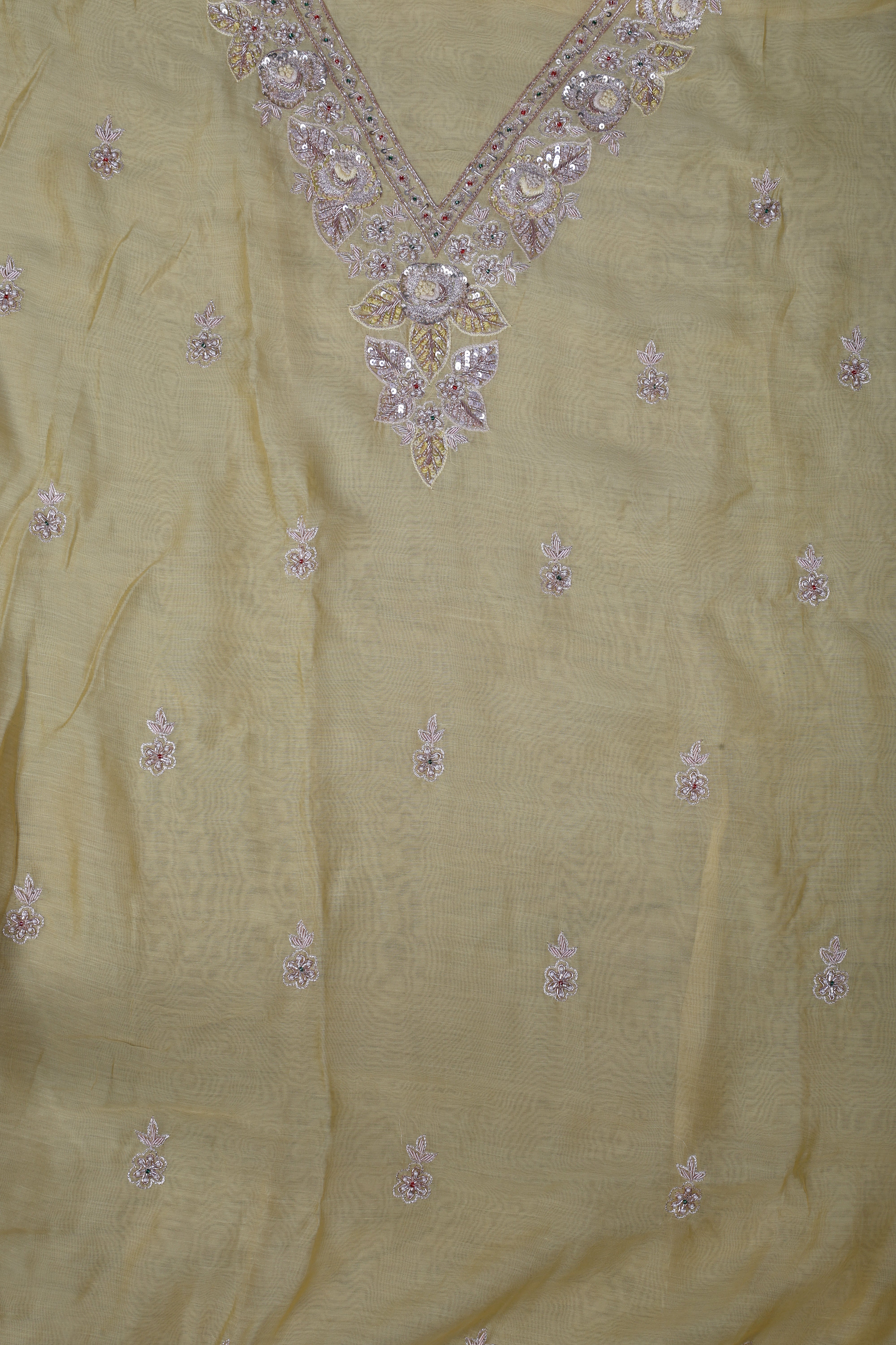 Butter Yellow Chanderi Silk Suit Set with Zardozi & Pearl Work