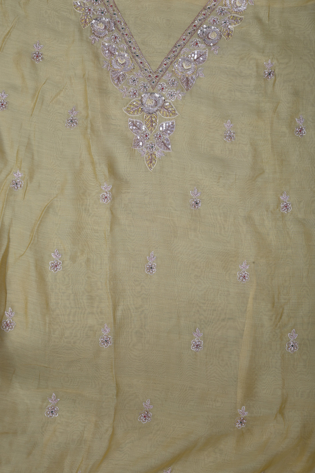 Butter Yellow Chanderi Silk Suit Set with Zardozi & Pearl Work