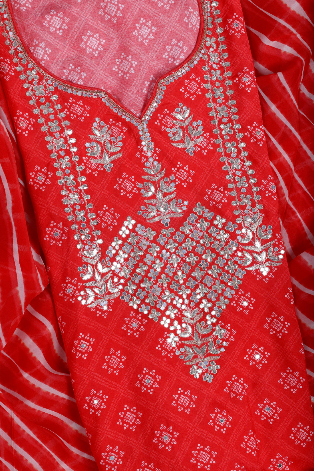Vibrant Red Dola Silk Suit Set with Gota Work & Leheriya Organza Dupatta