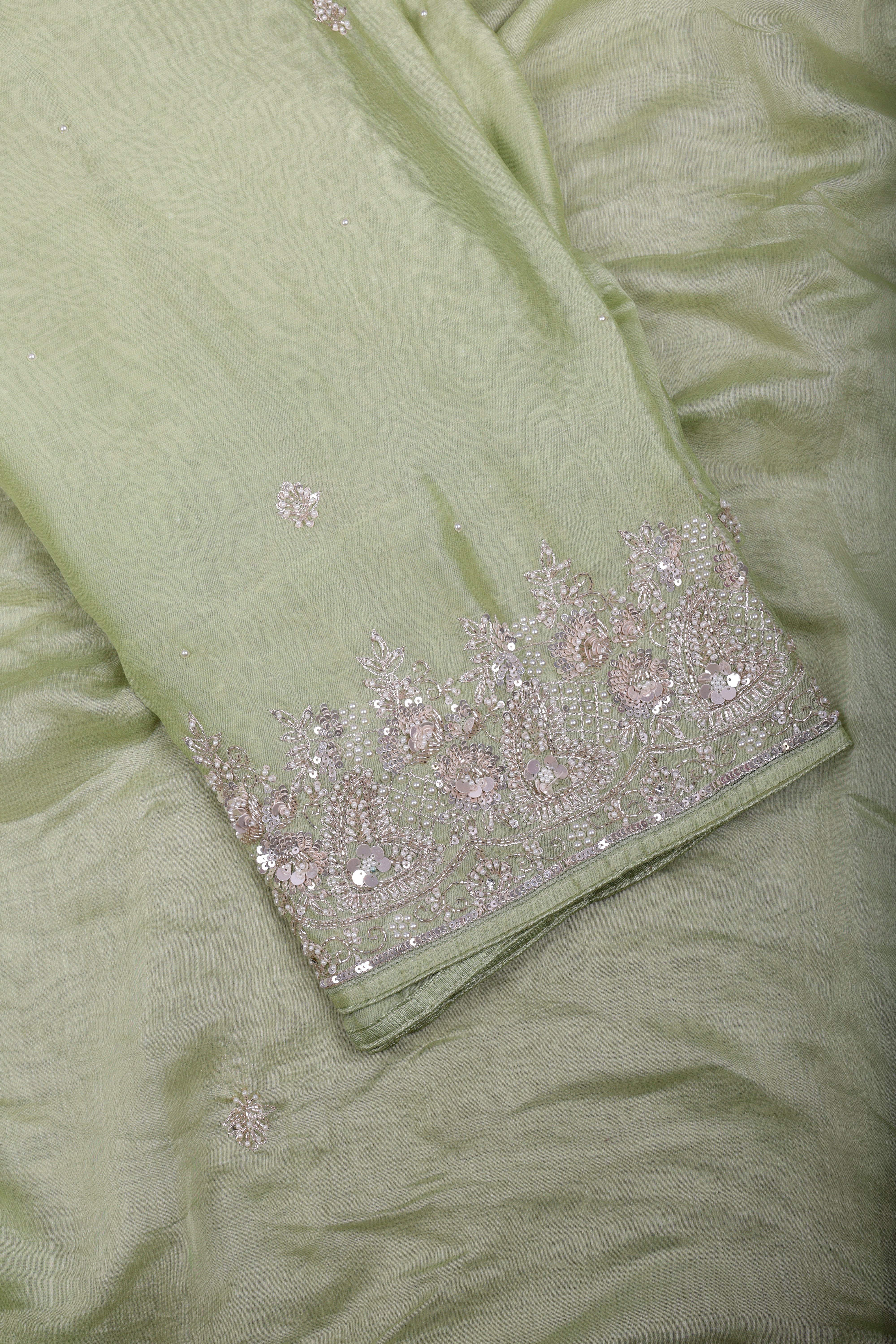 Pastel Green Organza Silk Suit Set with Heavy Hand Embroidery