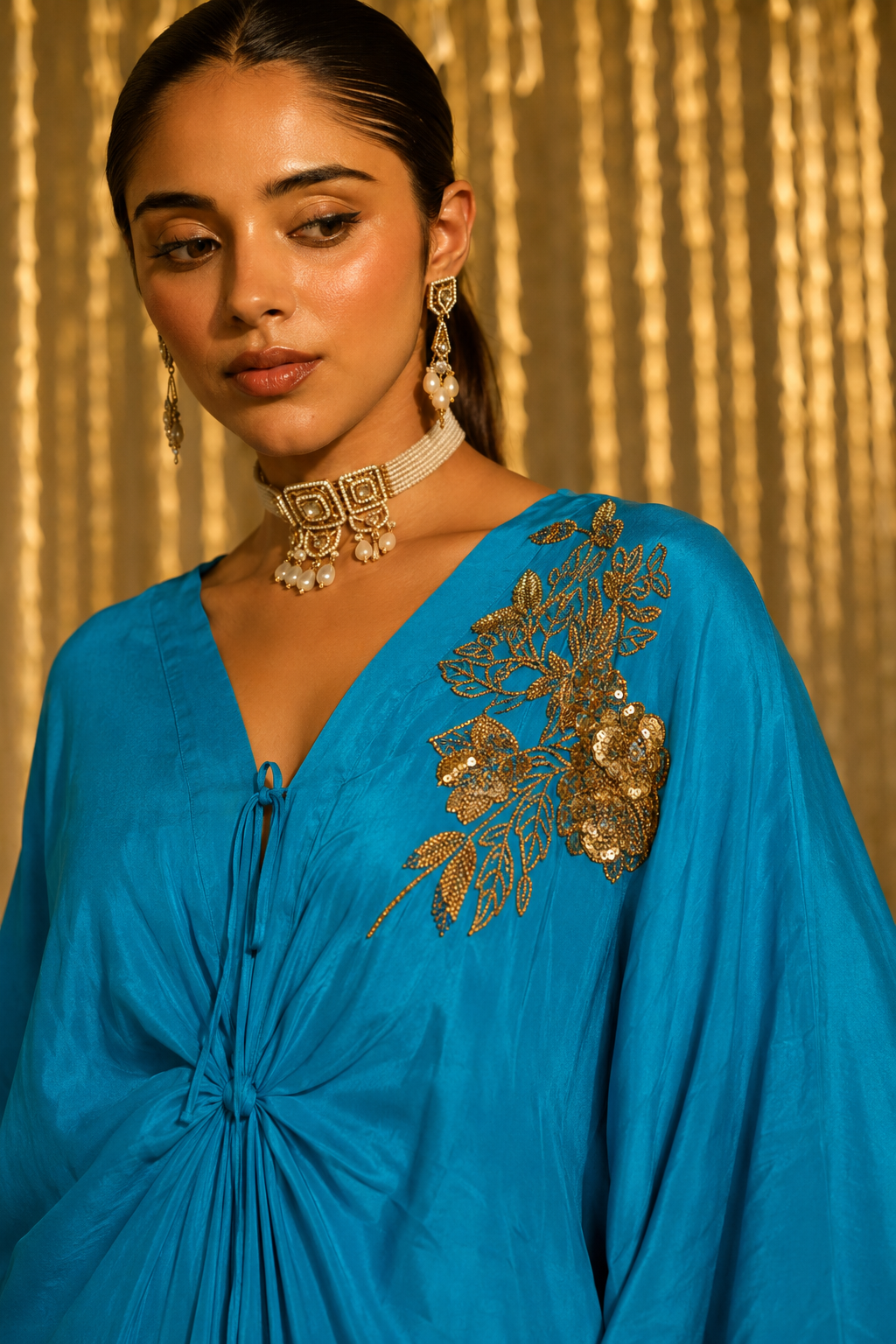 Turquoise Satin Embroidered Kaftan Set