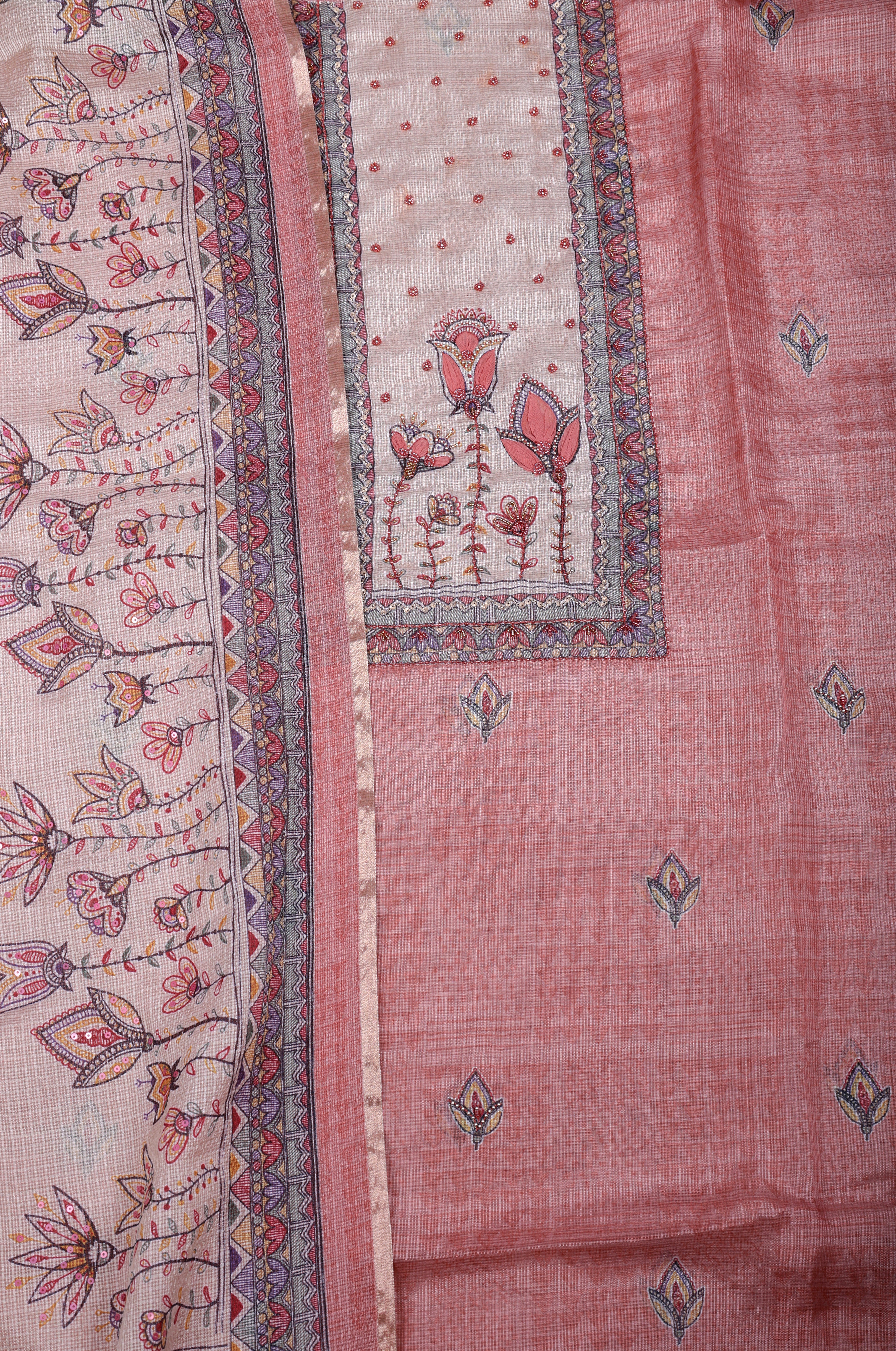 Peach Kota Silk Suit Set with Pearlwork & Kalamkari Dupatta