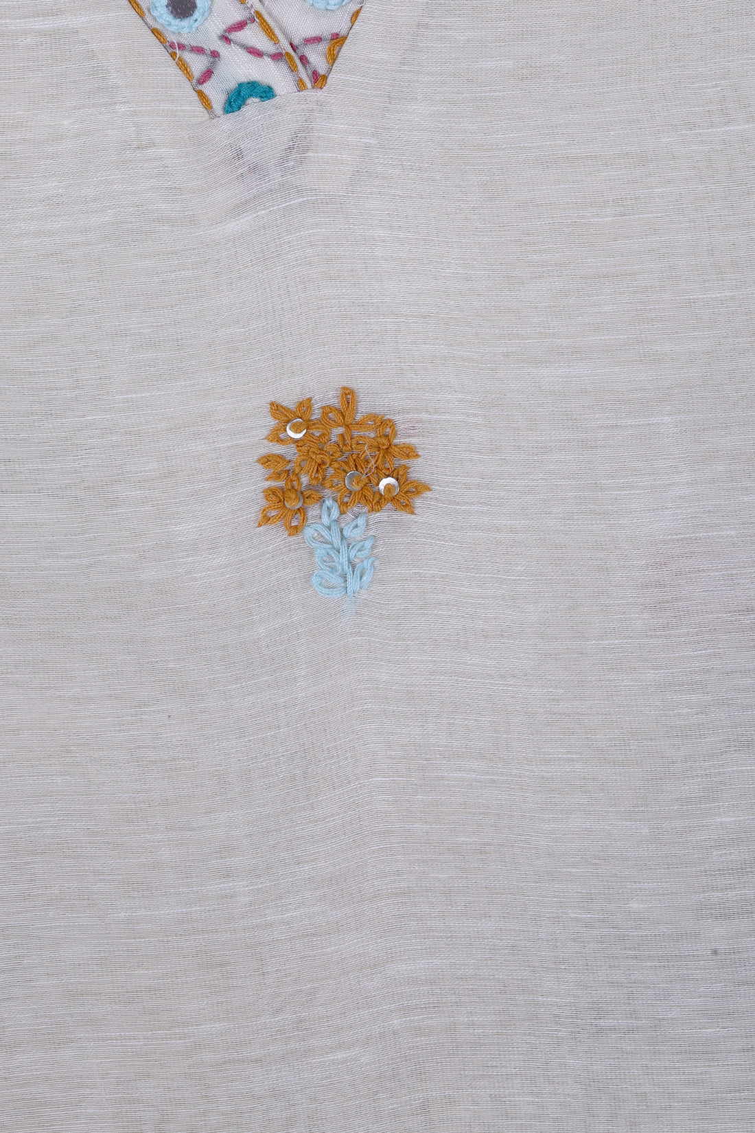 Ivory Linen Silk Suit Set with Thread & Mirror Work