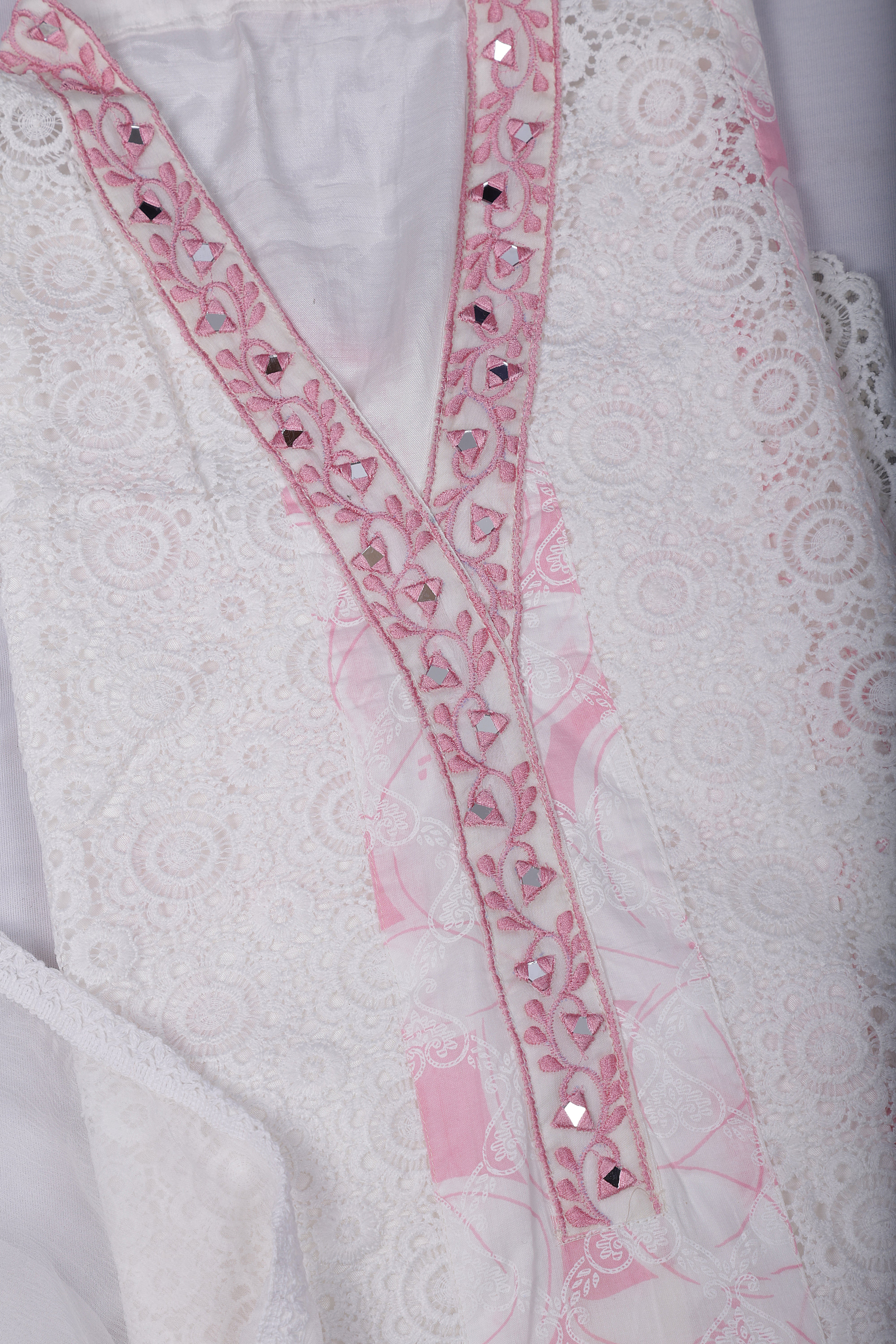 Elegant White Mul Cotton Suit Set with Mirror Work Neckline