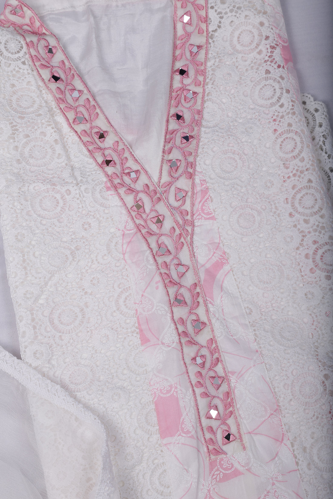Elegant White Mul Cotton Suit Set with Mirror Work Neckline