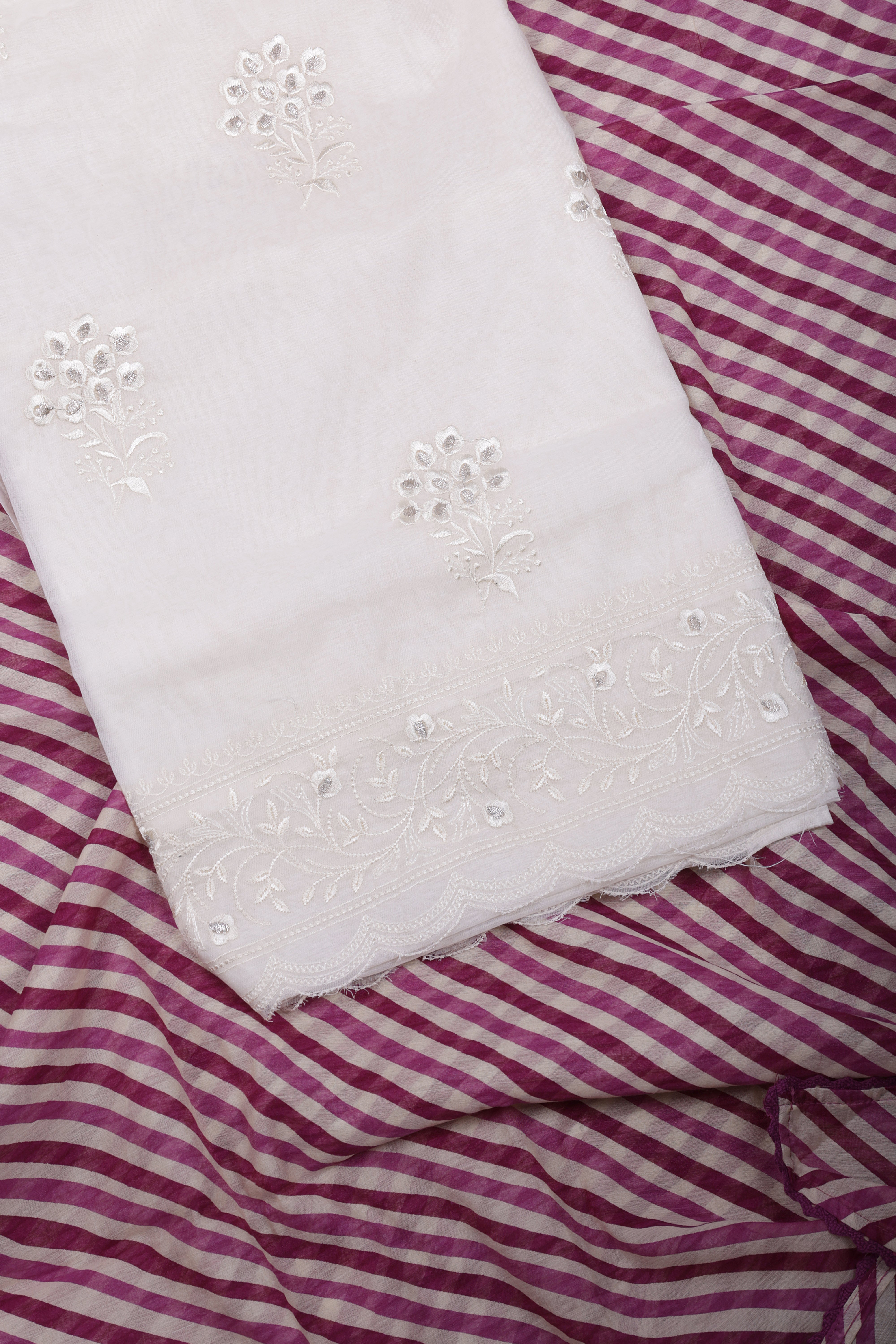 Ivory Mul Chanderi Suit Set with Berry Striped Dupatta