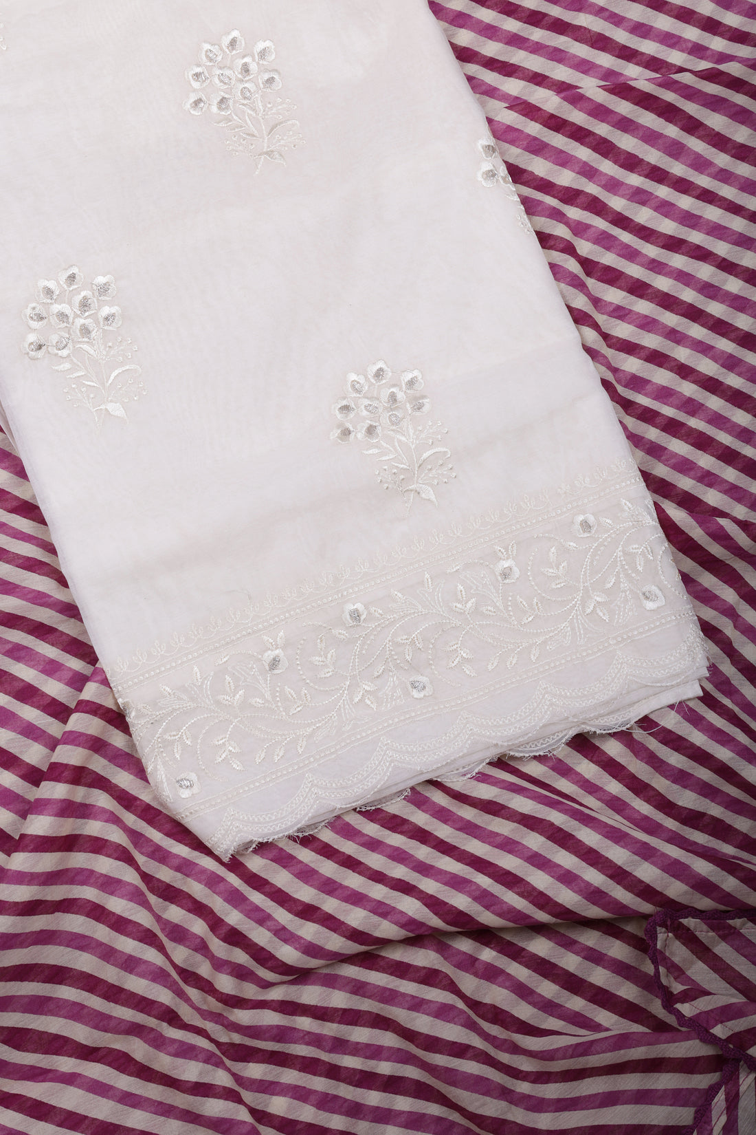 Ivory Mul Chanderi Suit Set with Berry Striped Dupatta