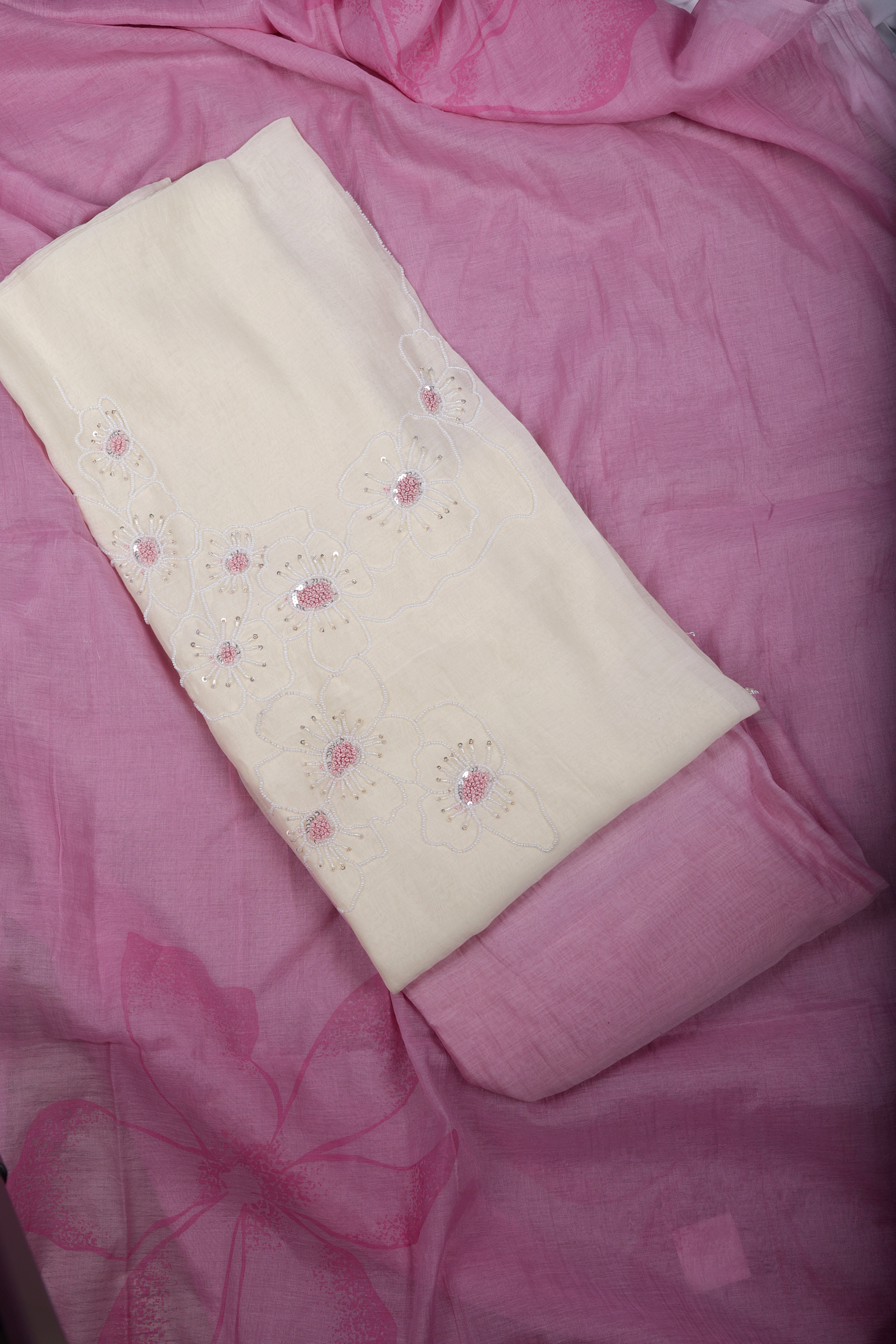 Pink Ombre Mul Chanderi Suit Set with Pearl Thread Work