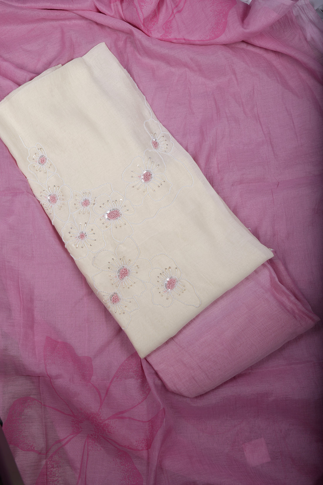 Pink Ombre Mul Chanderi Suit Set with Pearl Thread Work