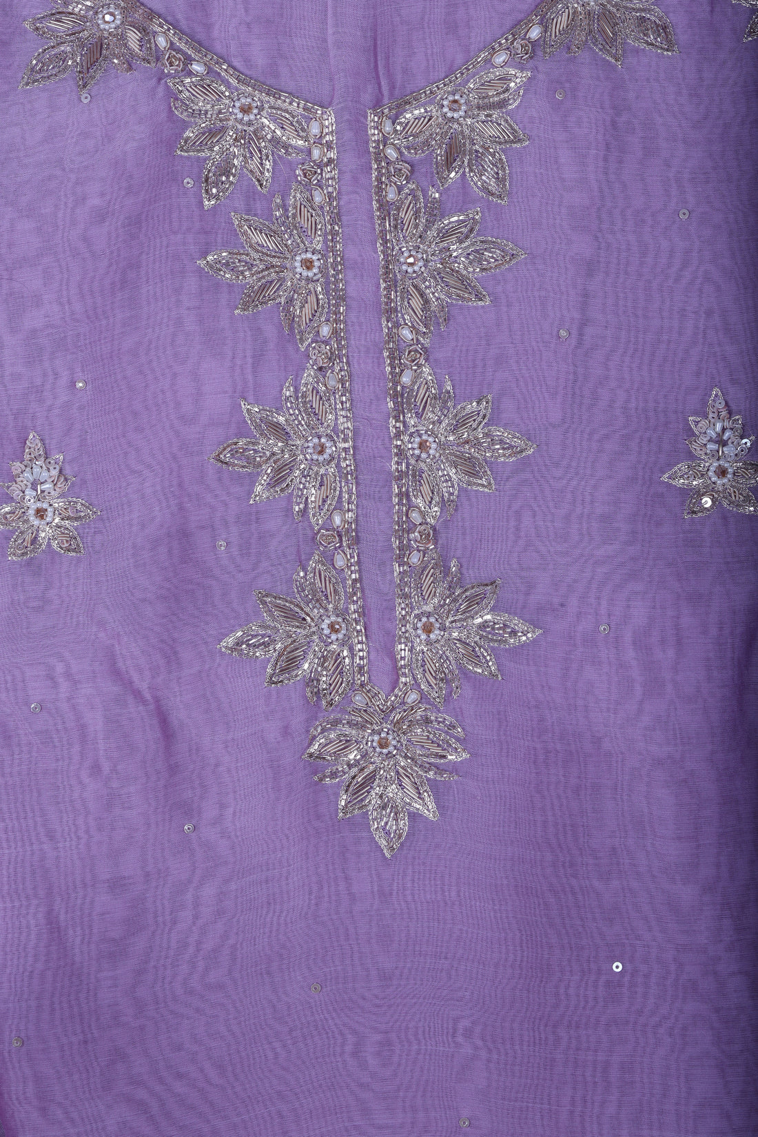 Lavender Chanderi Silk Suit Set with Pearl & Zardozi Handwork
