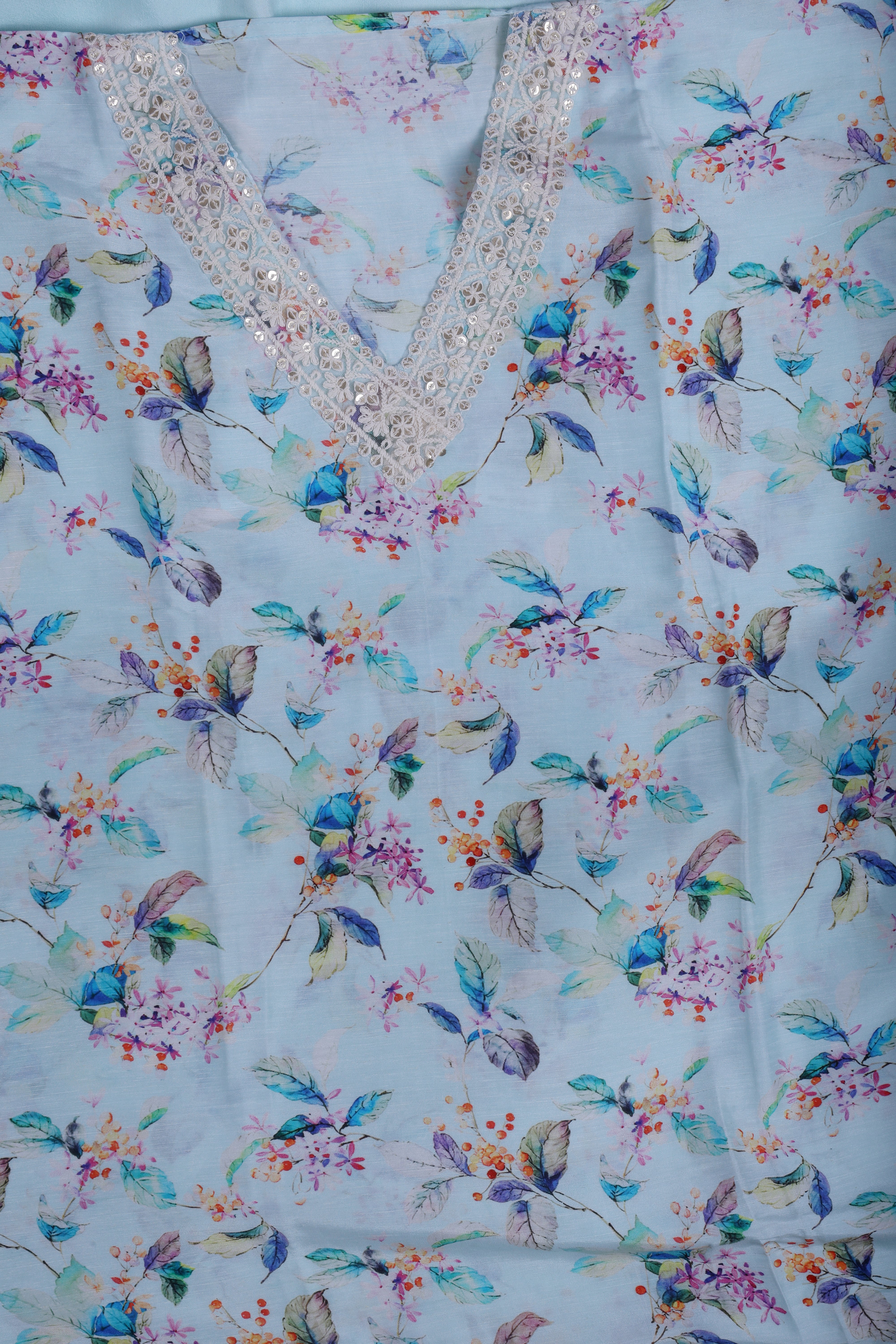 Powder Blue Linen Suit Set with Floral Print & Organza Dupatta