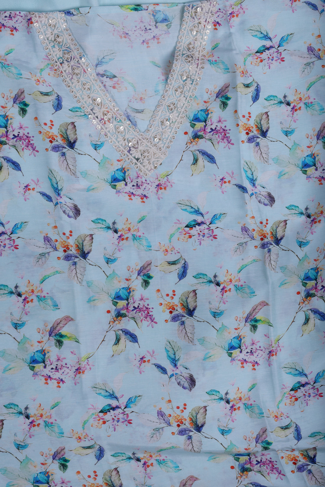 Powder Blue Linen Suit Set with Floral Print & Organza Dupatta