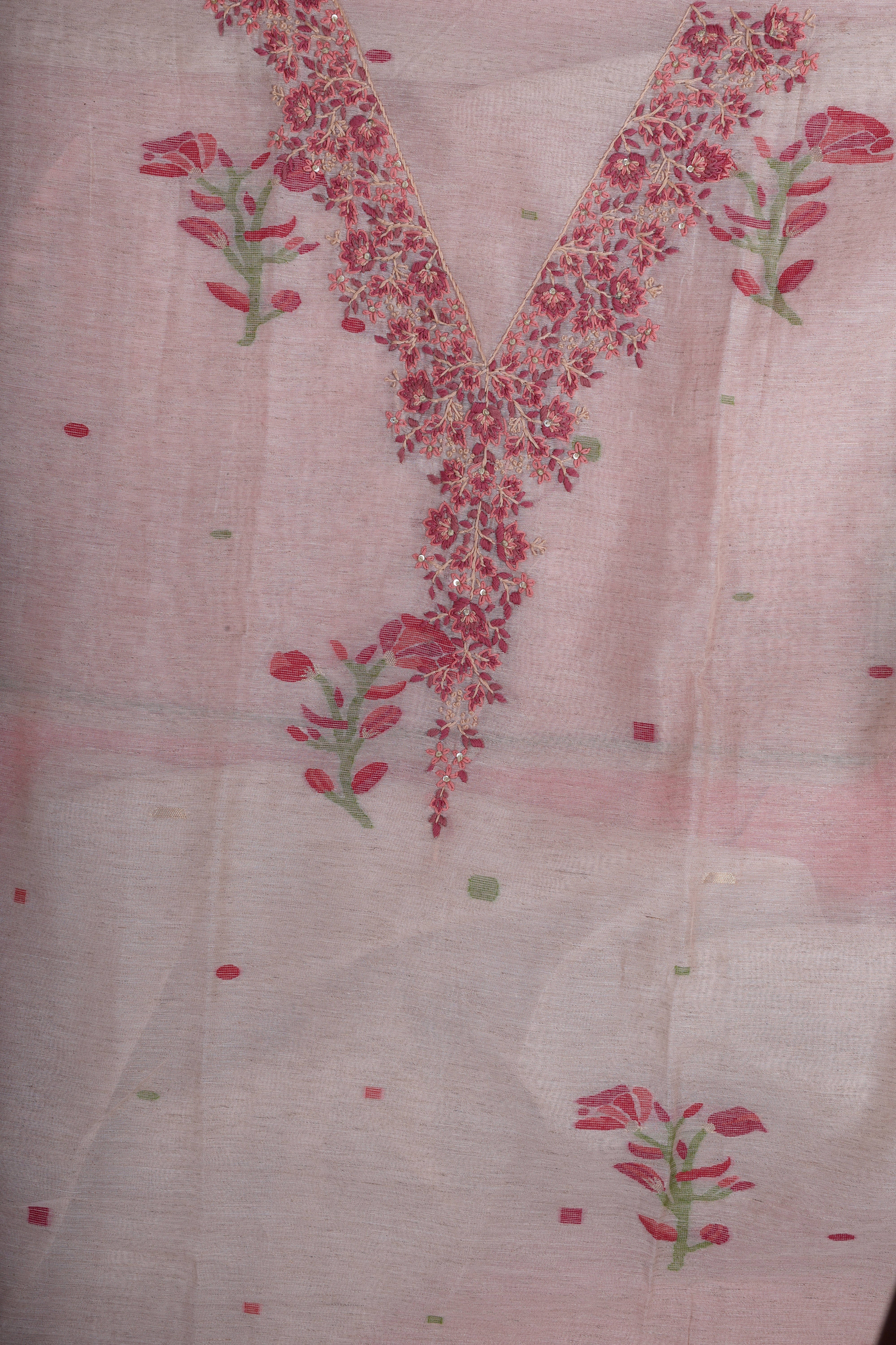 Blush Pink Linen Suit Set with Hand Embroidery Katha Work