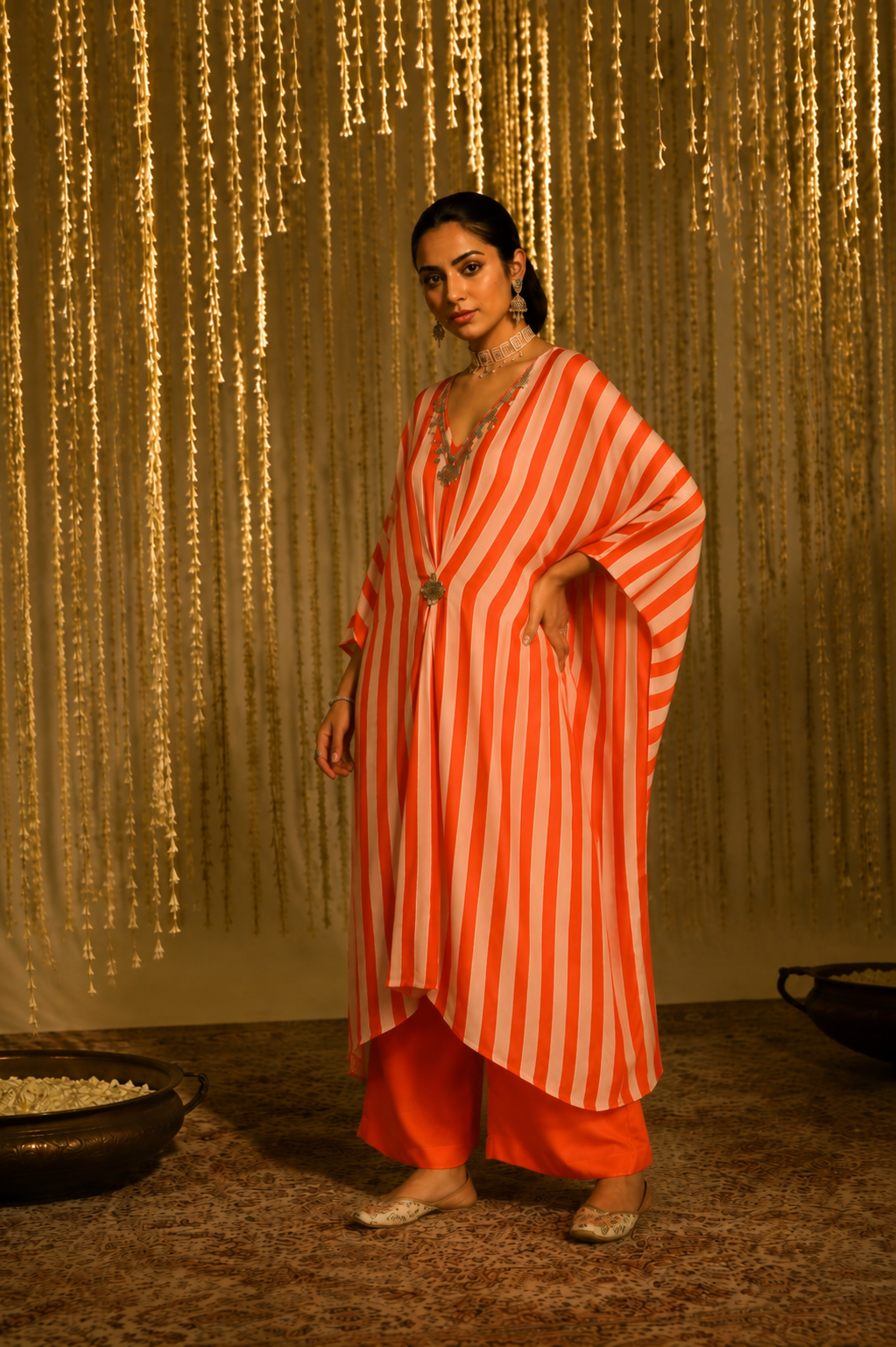 Coral Stripe Statement Kaftan Set