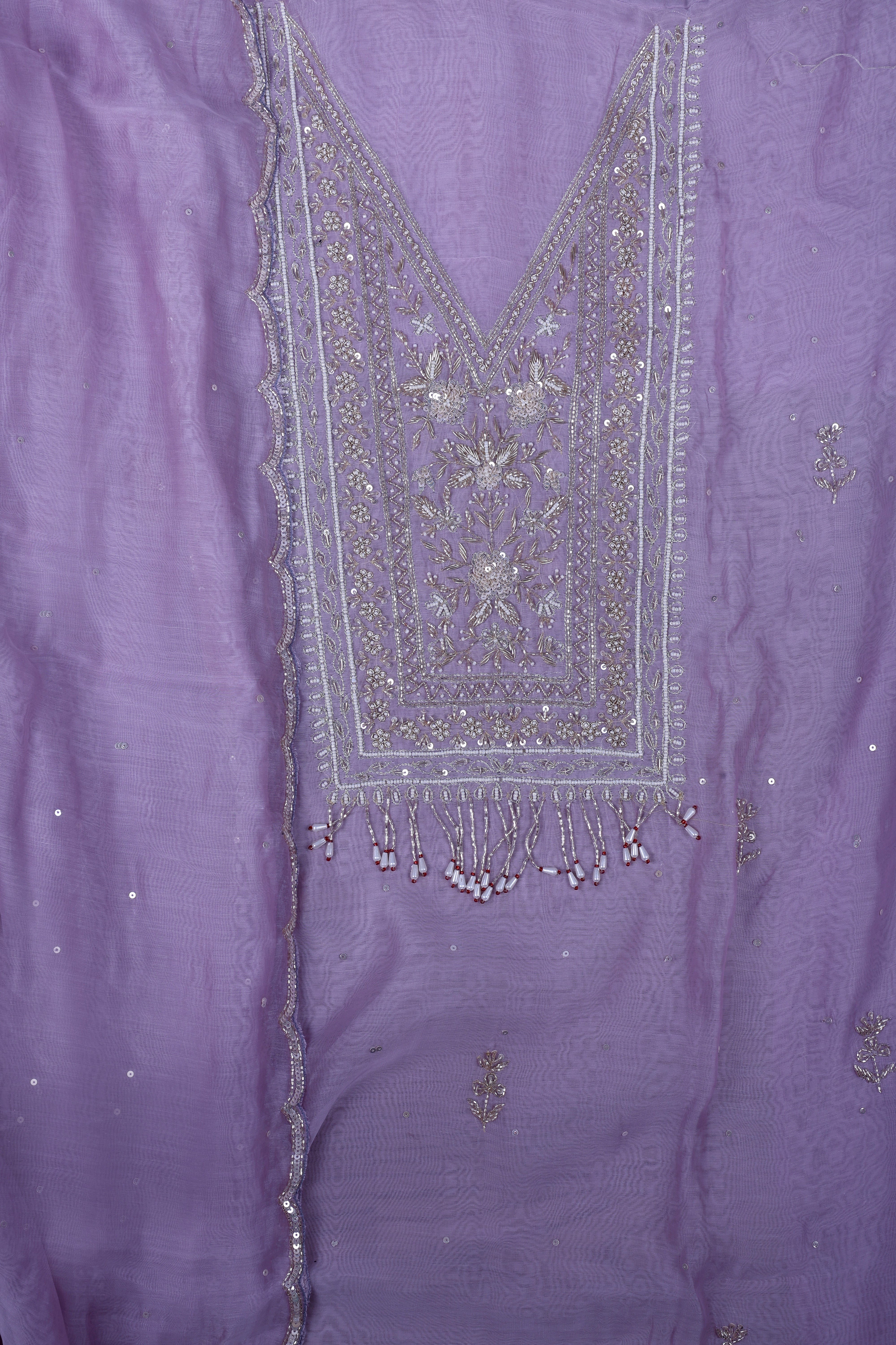 Lavender Chanderi Silk Suit Set with Pearl, Mirror & Zardozi Handwork