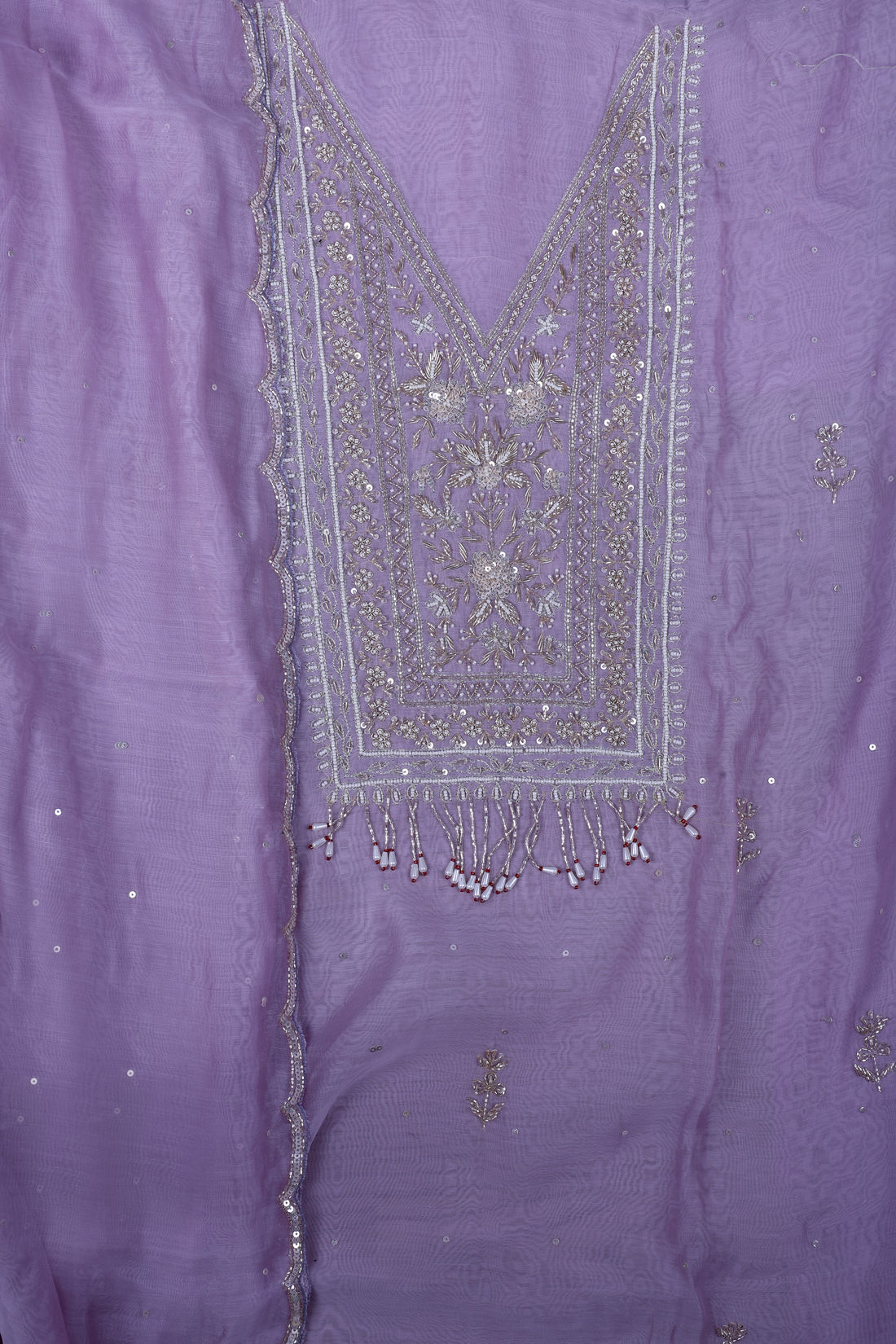 Lavender Chanderi Silk Suit Set with Pearl, Mirror & Zardozi Handwork