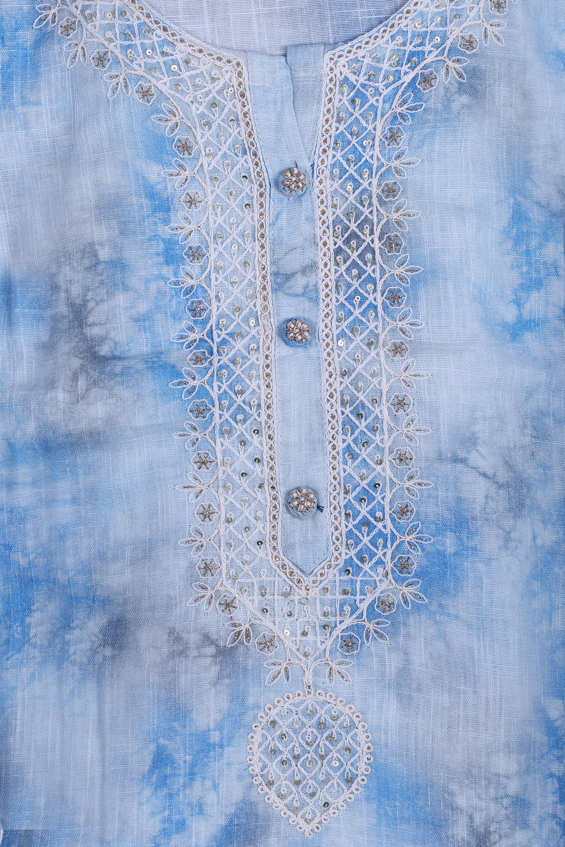 Sky Blue Linen Suit Set with Thread Embroidery & Organza Dupatta