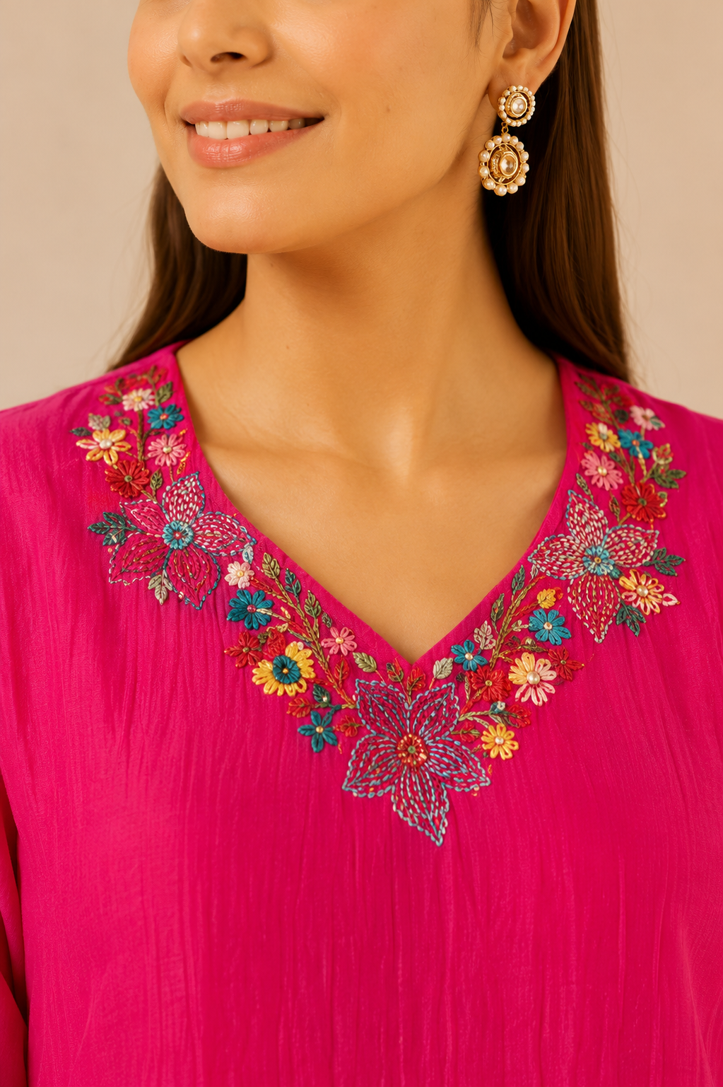 Fuchsia Bloom Hand-Embroidered Mul Chanderi Co-Ord Set