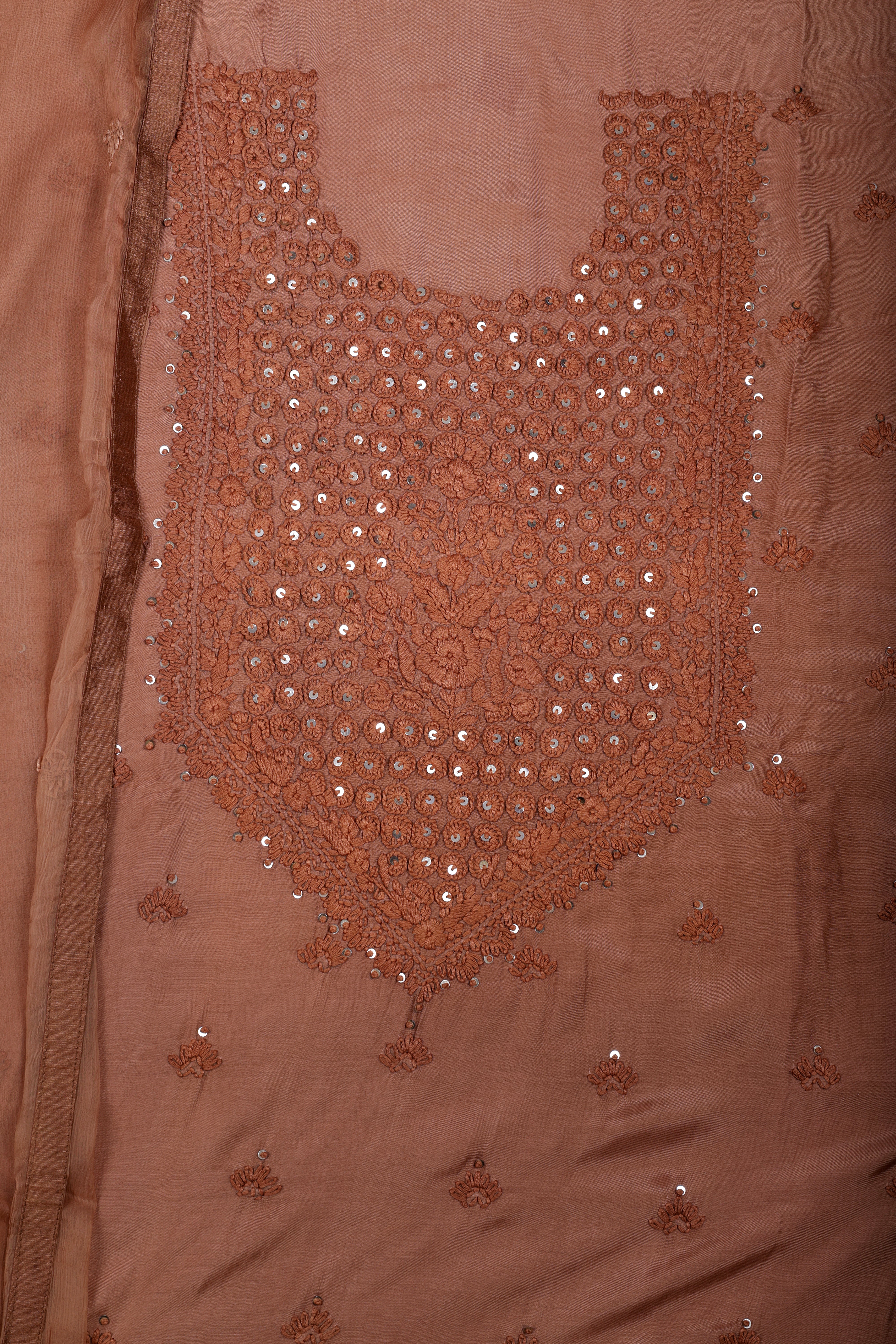 Elegant Mocha Brown Mul Suit Set with Lucknowi Thread Work