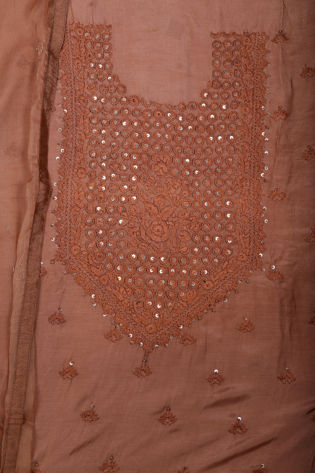 Elegant Mocha Brown Mul Suit Set with Lucknowi Thread Work