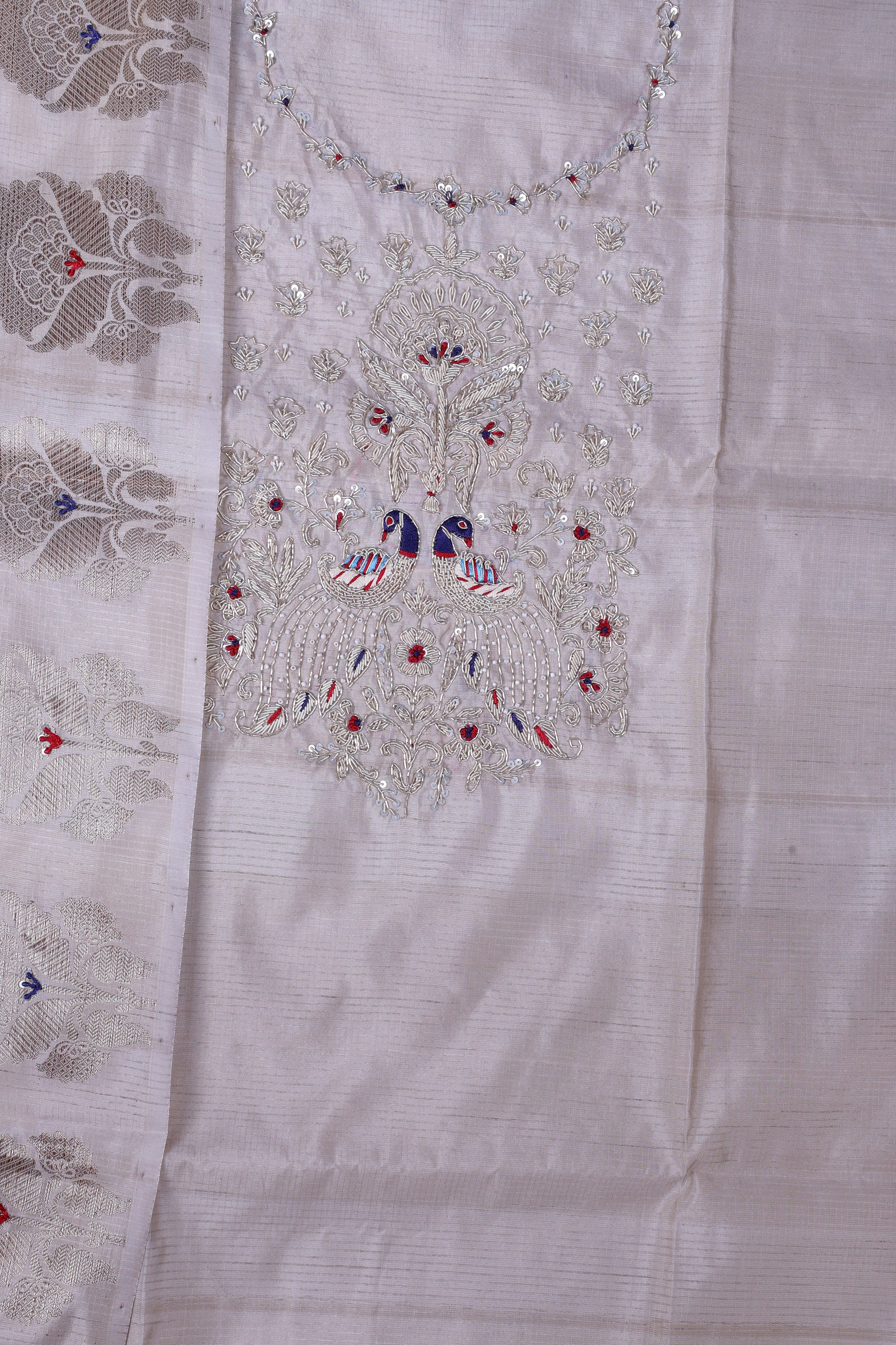 Elegant Beige Maheshwari Silk Suit Set with Zardozi & Pearl Handwork