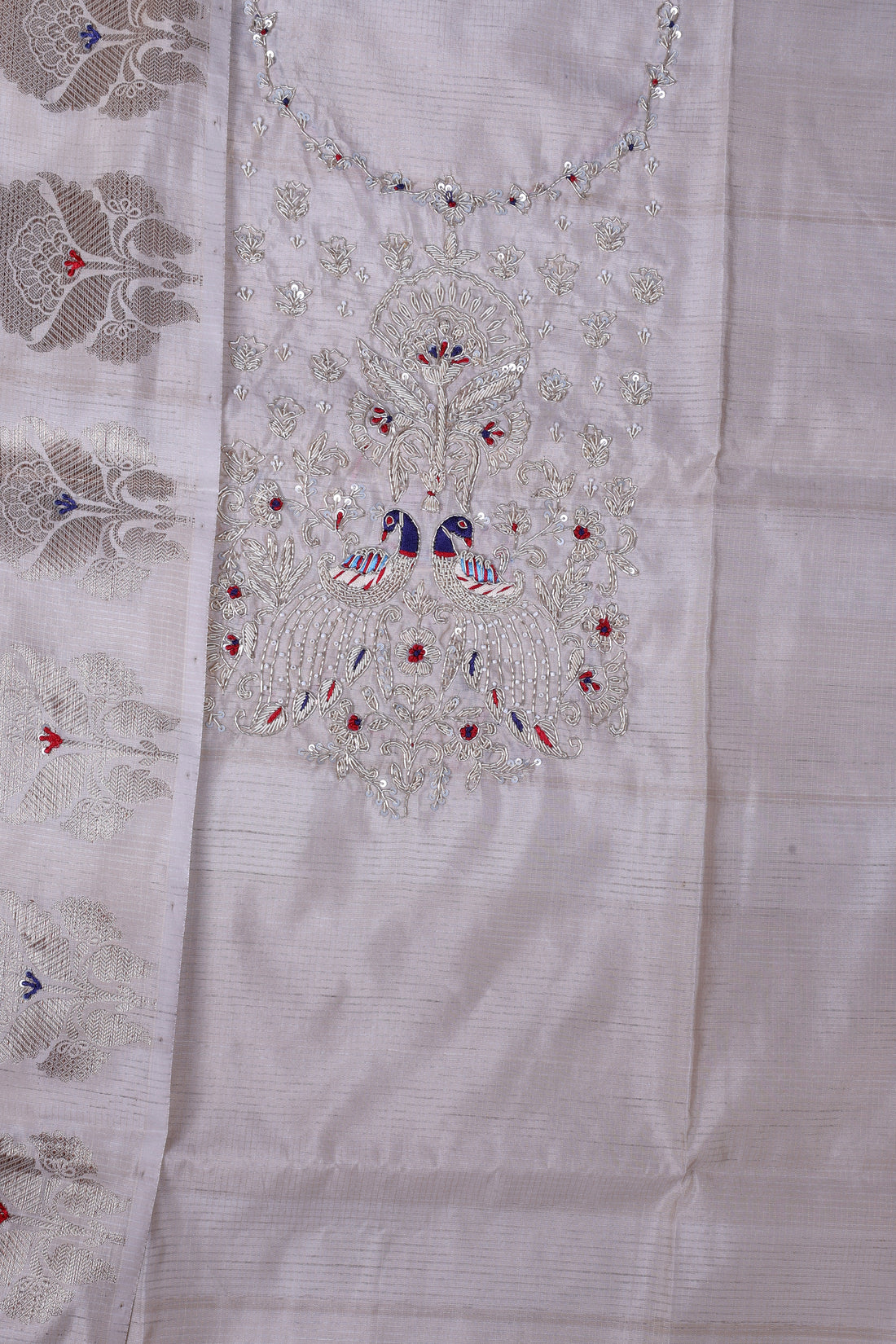 Elegant Beige Maheshwari Silk Suit Set with Zardozi & Pearl Handwork