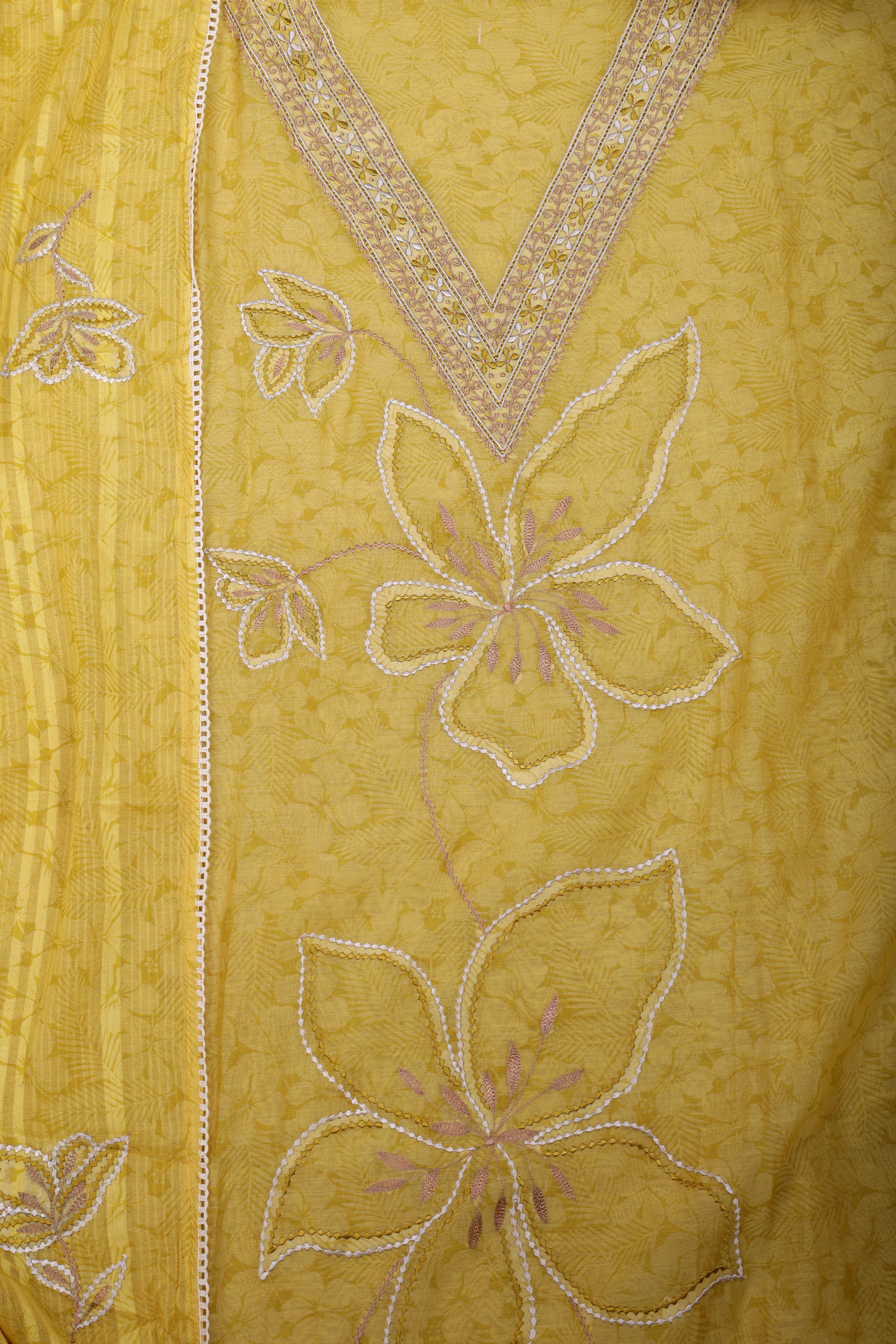 Sunshine Yellow Chanderi Silk Suit Set with Appliqué Thread Work