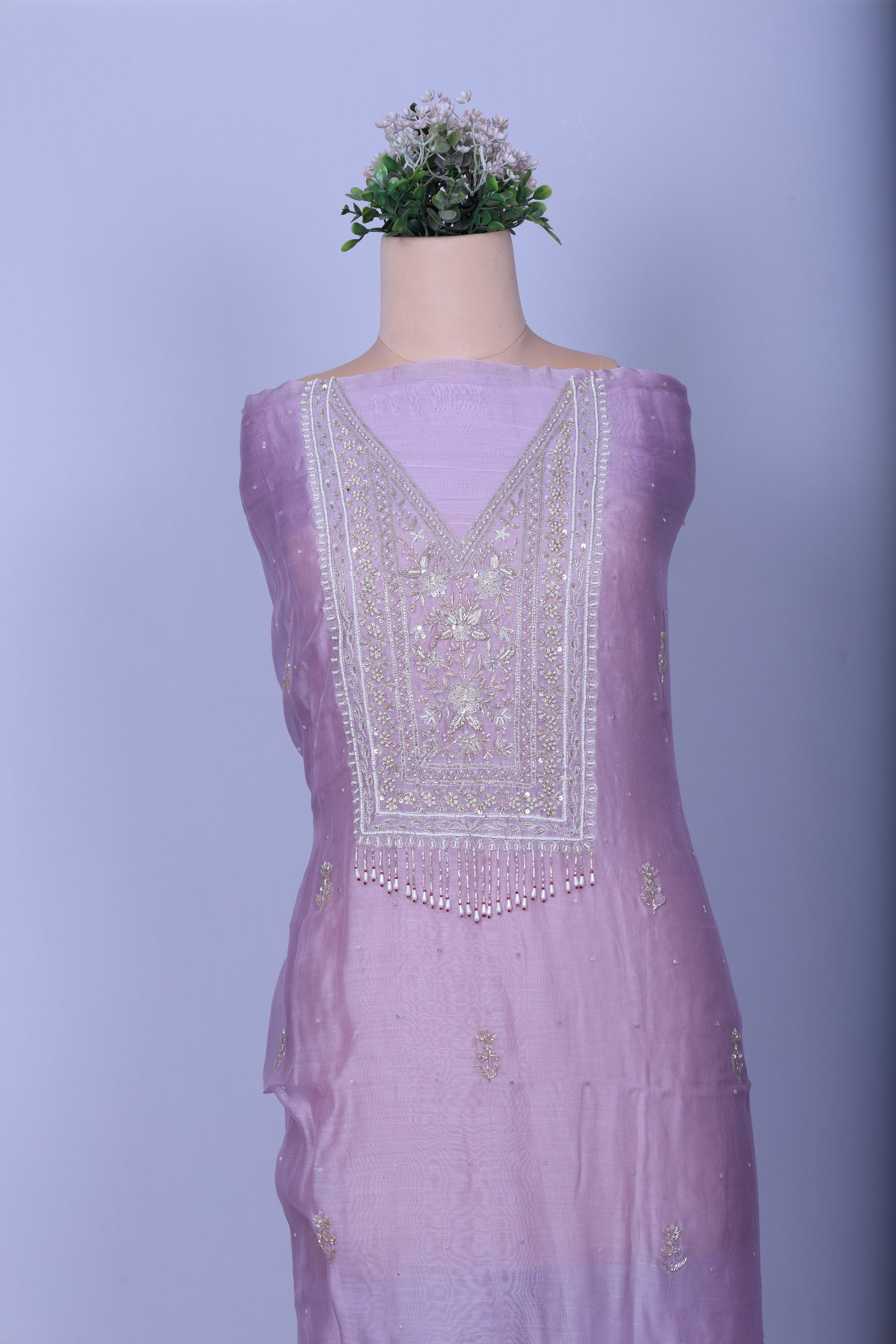 Lavender Chanderi Silk Suit Set with Pearl, Mirror & Zardozi Handwork