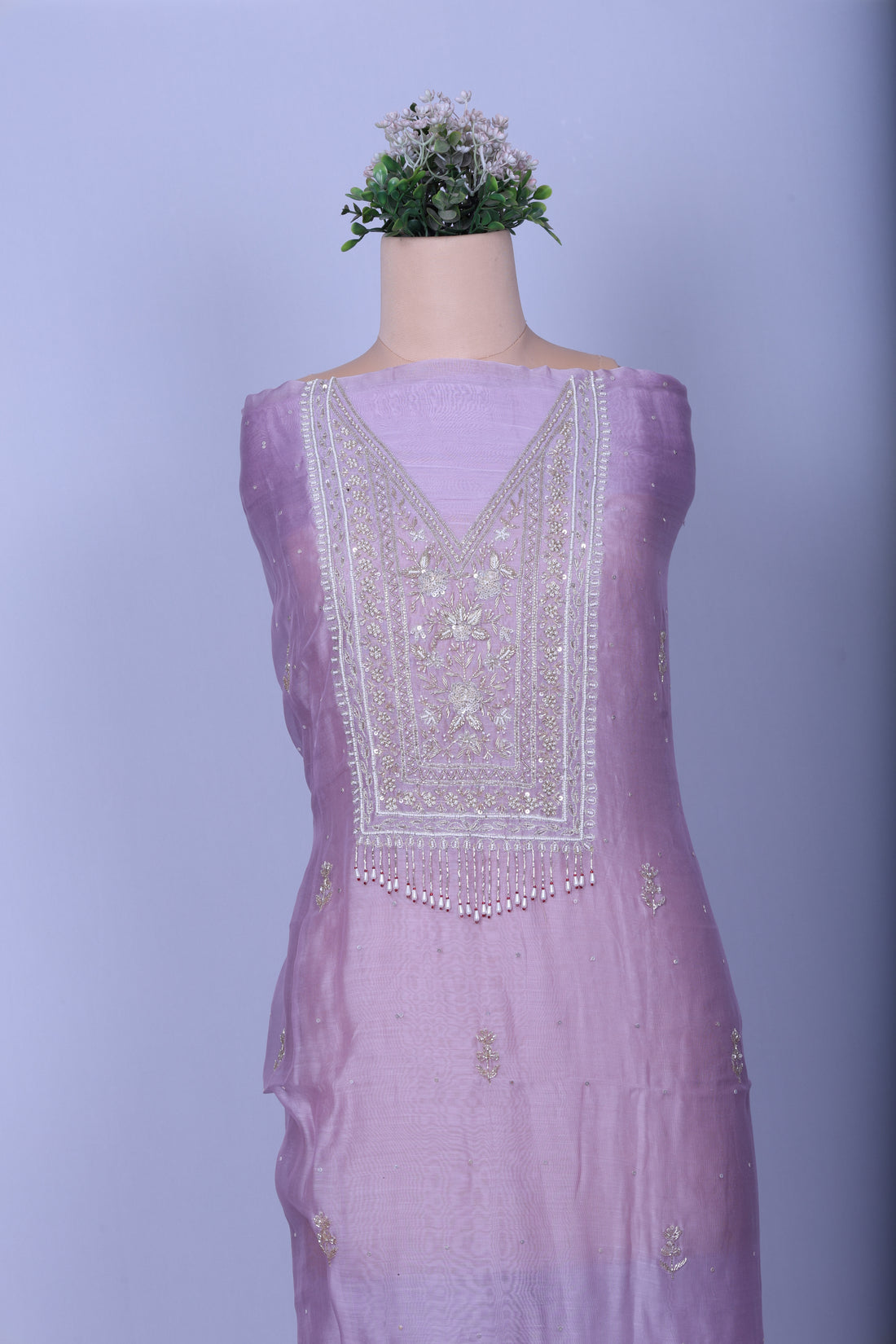 Lavender Chanderi Silk Suit Set with Pearl, Mirror & Zardozi Handwork
