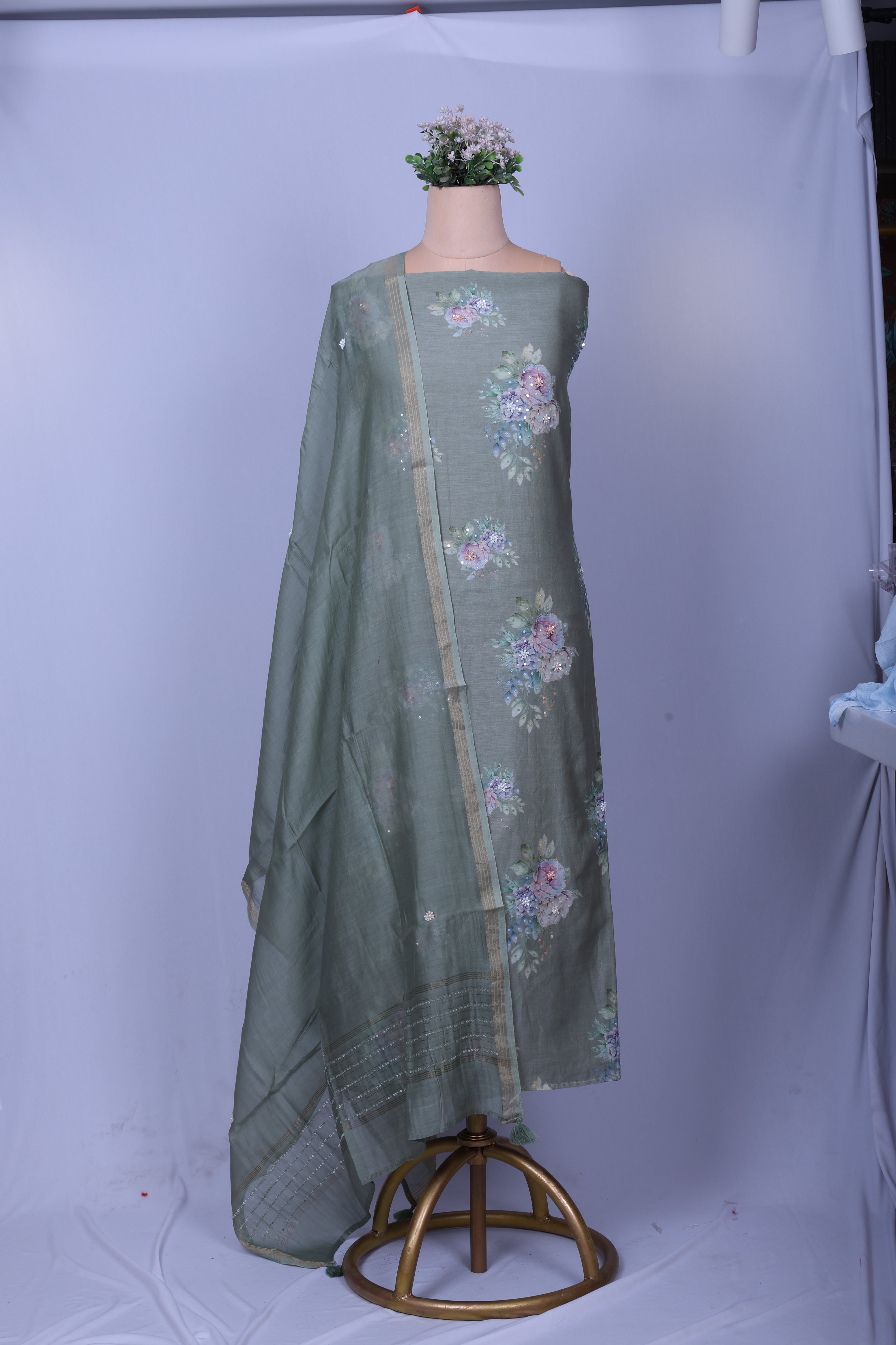 Elegant Dusty Sage Chanderi Silk Suit Set with Floral Prints & Sequin Work