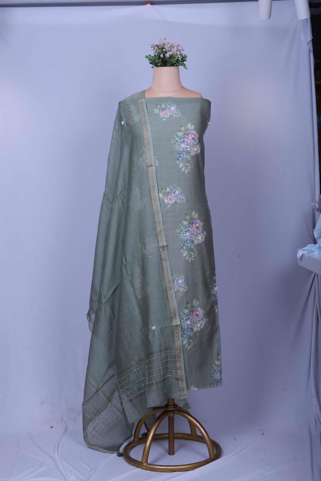 Elegant Dusty Sage Chanderi Silk Suit Set with Floral Prints & Sequin Work