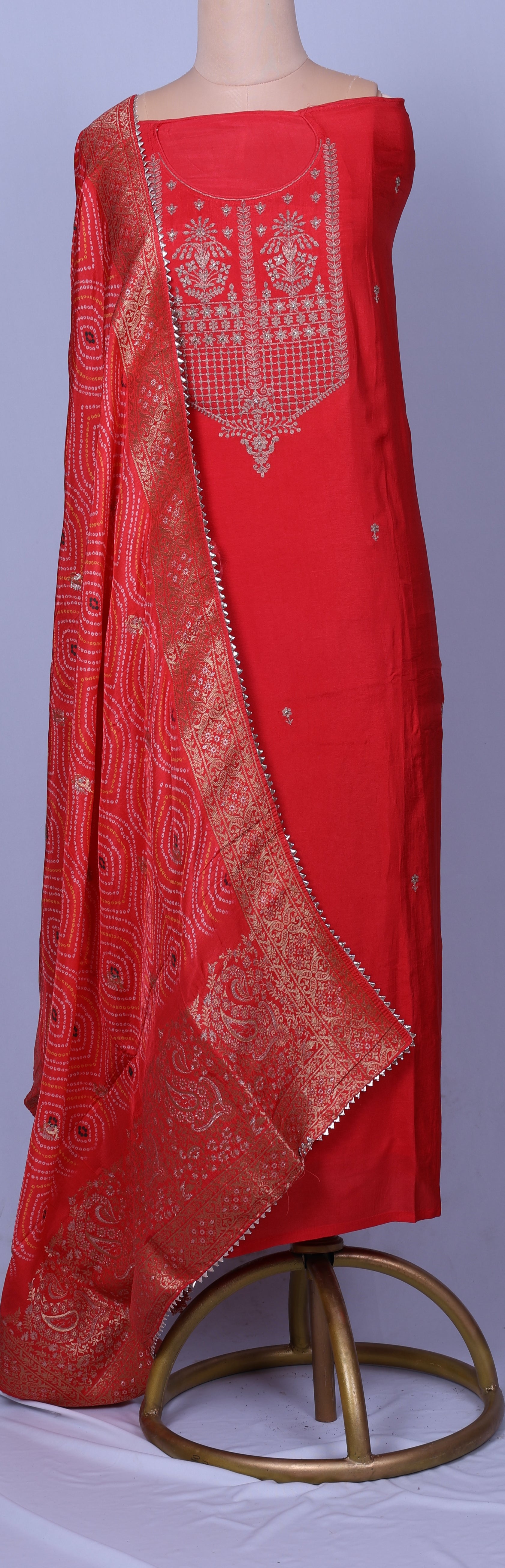 Coral Red Crepe Suit Set with Zari Work & Zari Border Dupatta