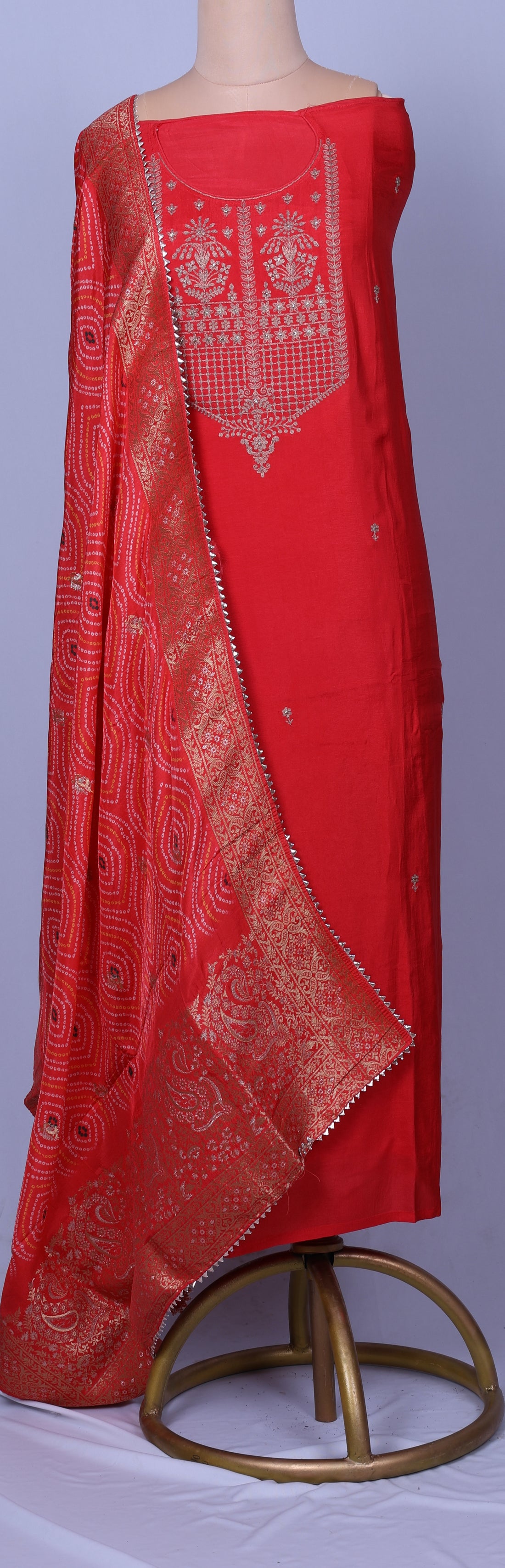 Coral Red Crepe Suit Set with Zari Work & Zari Border Dupatta