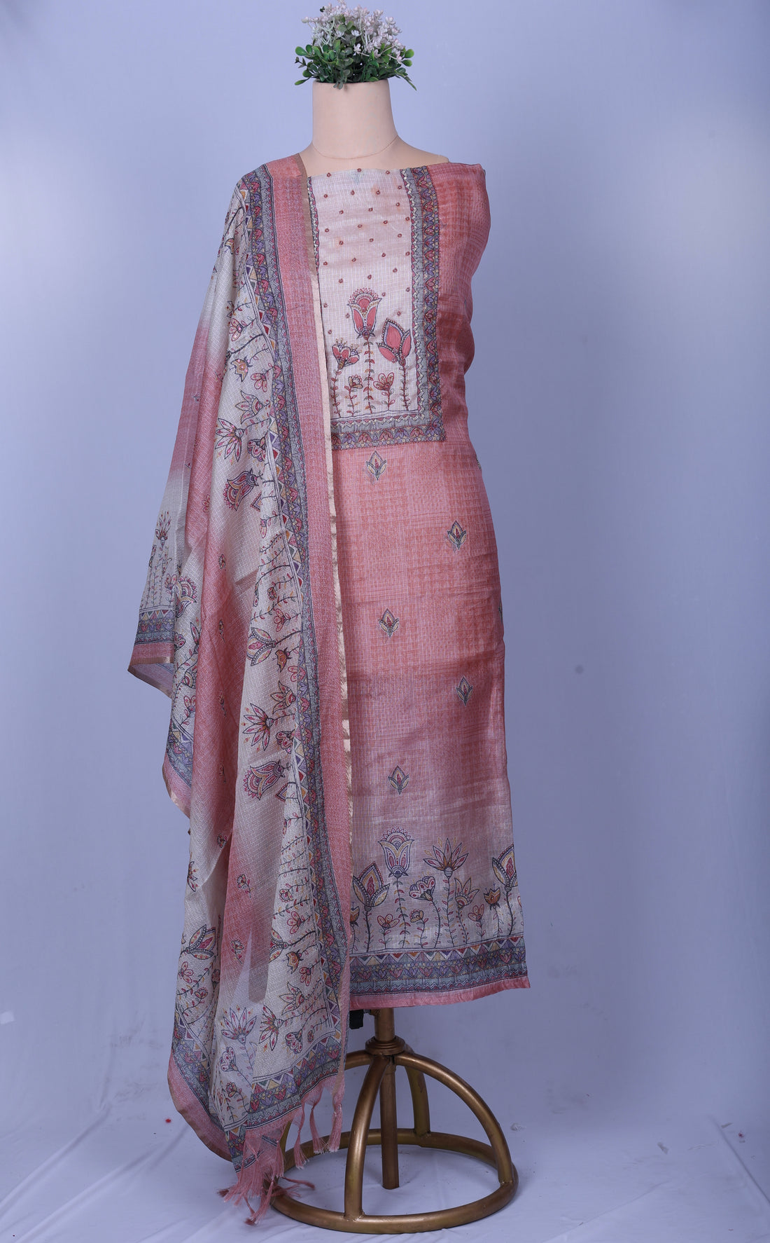 Peach Kota Silk Suit Set with Pearlwork & Kalamkari Dupatta