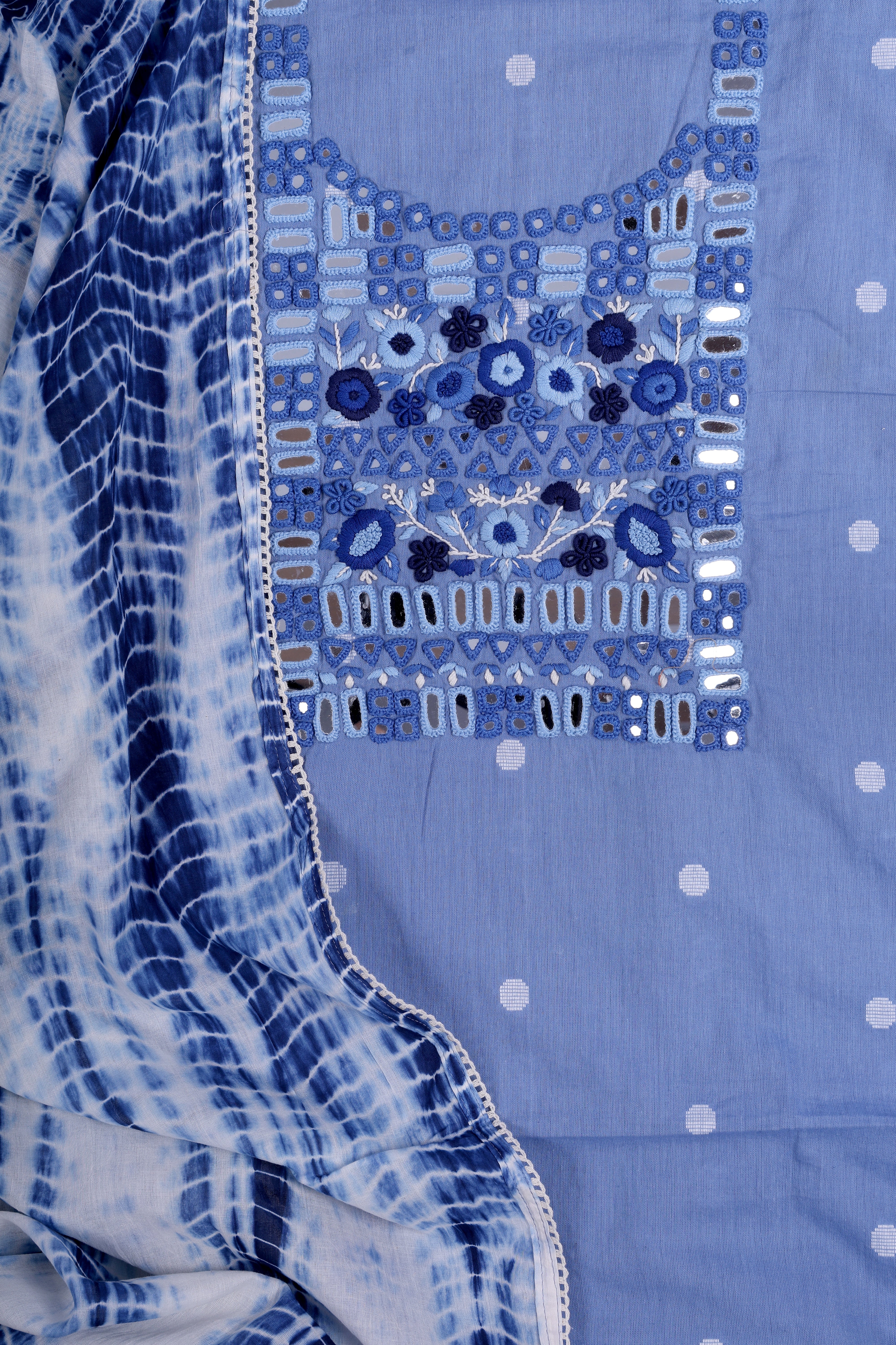 Sky Blue Linen Cotton Suit Set with Hand Thread Embroidery & Mirror Work