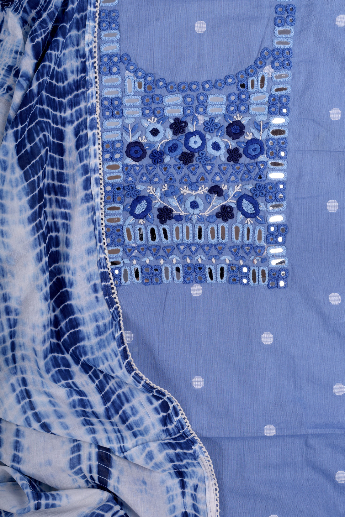 Sky Blue Linen Cotton Suit Set with Hand Thread Embroidery & Mirror Work