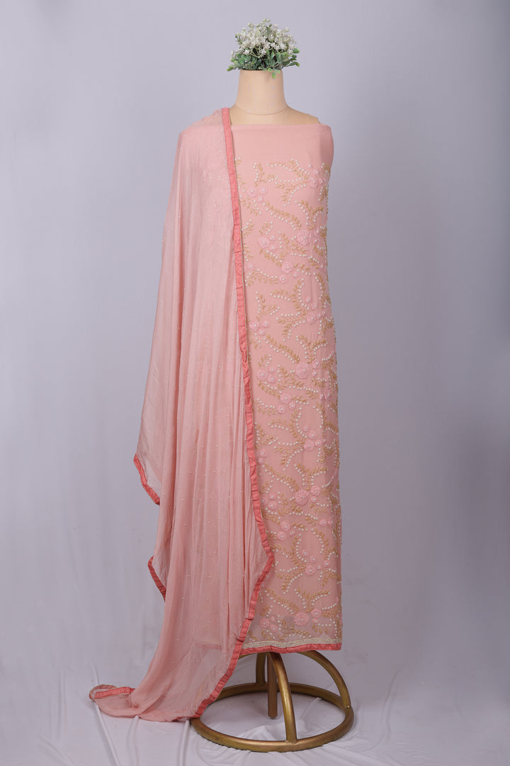 Blush Pink Pure Crepe Suit Set with Pearl Handcrafted Thread Work