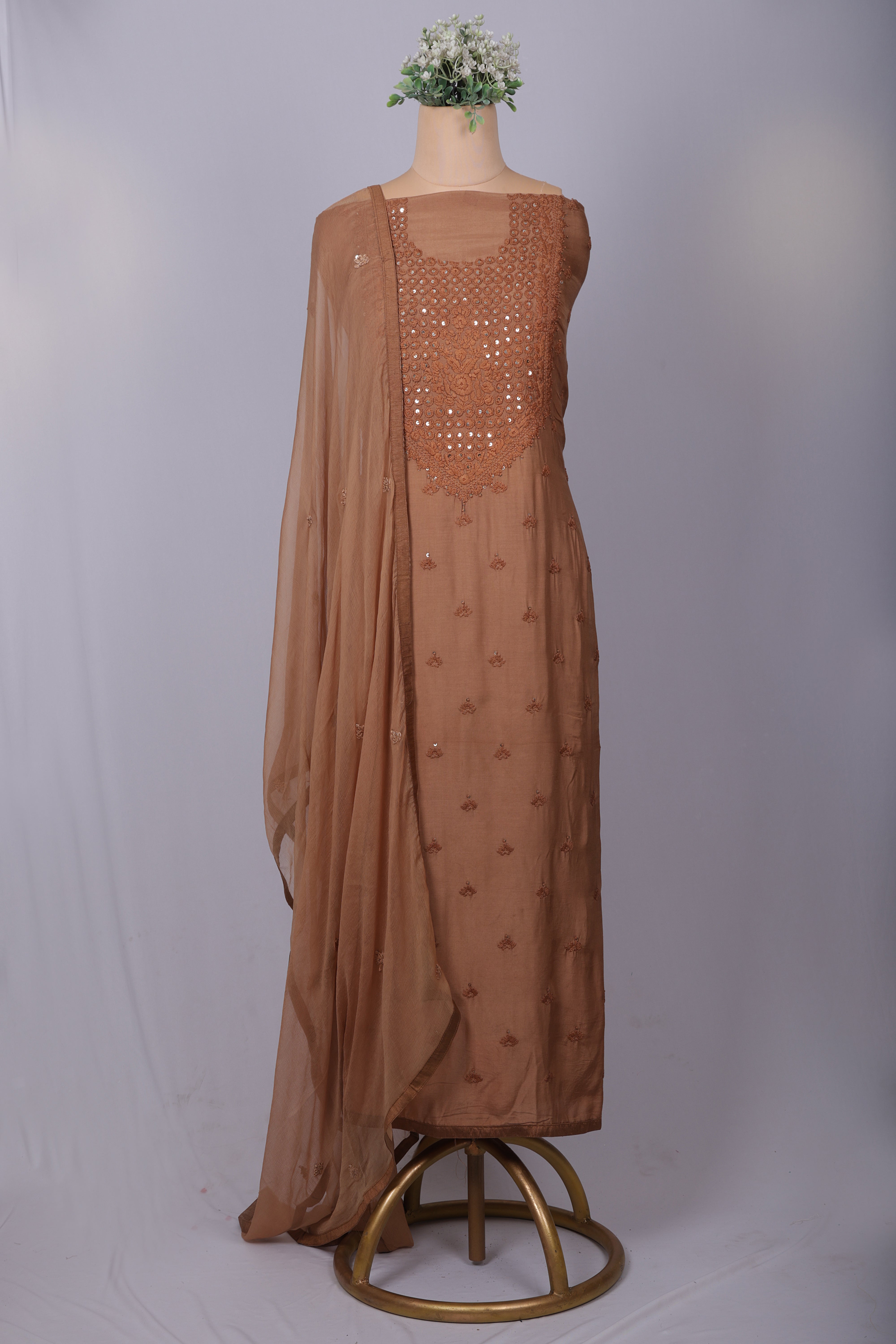 Elegant Mocha Brown Mul Suit Set with Lucknowi Thread Work