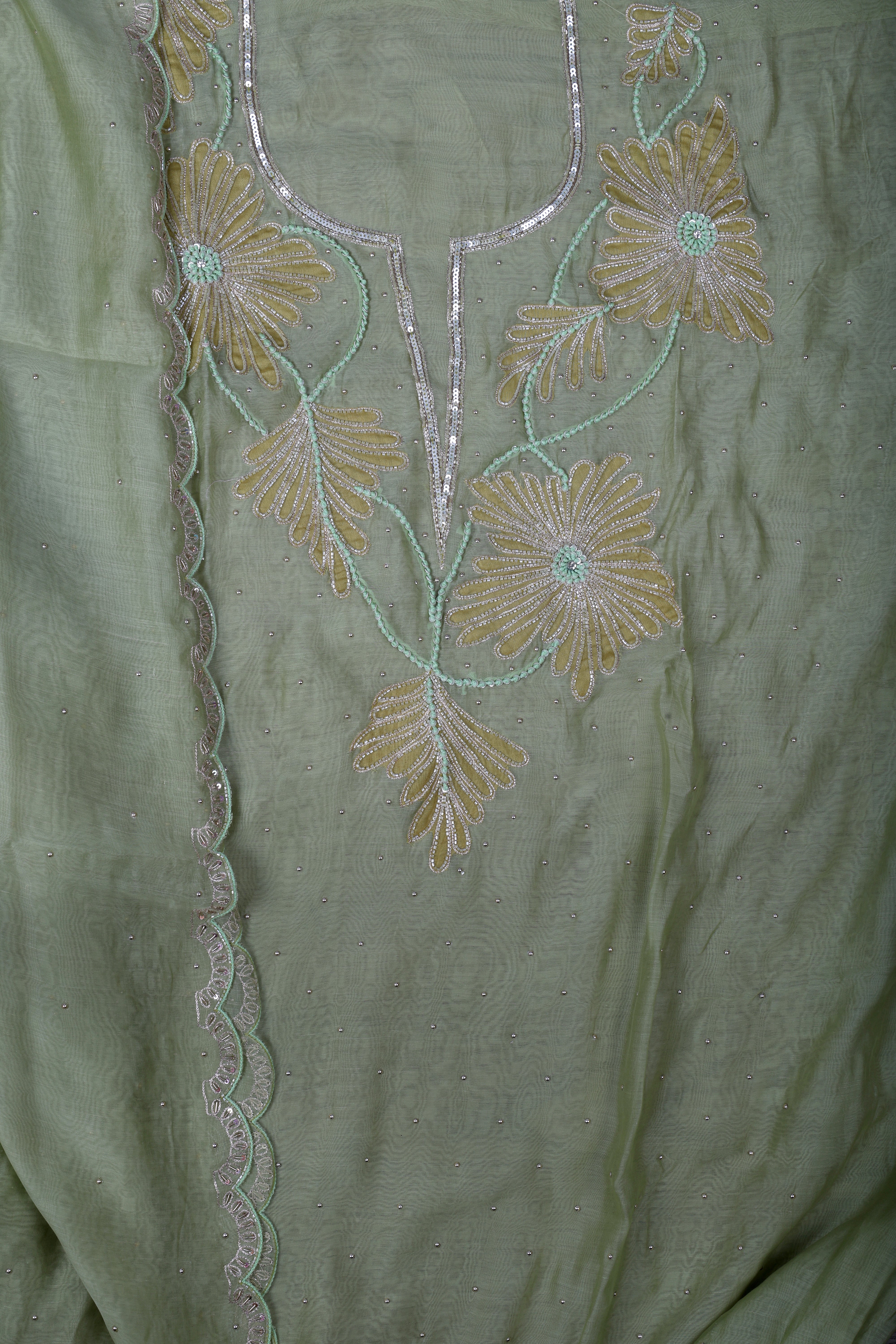 Elegant Sage Green Chanderi Silk Suit Set with Pearl & Katdana Work