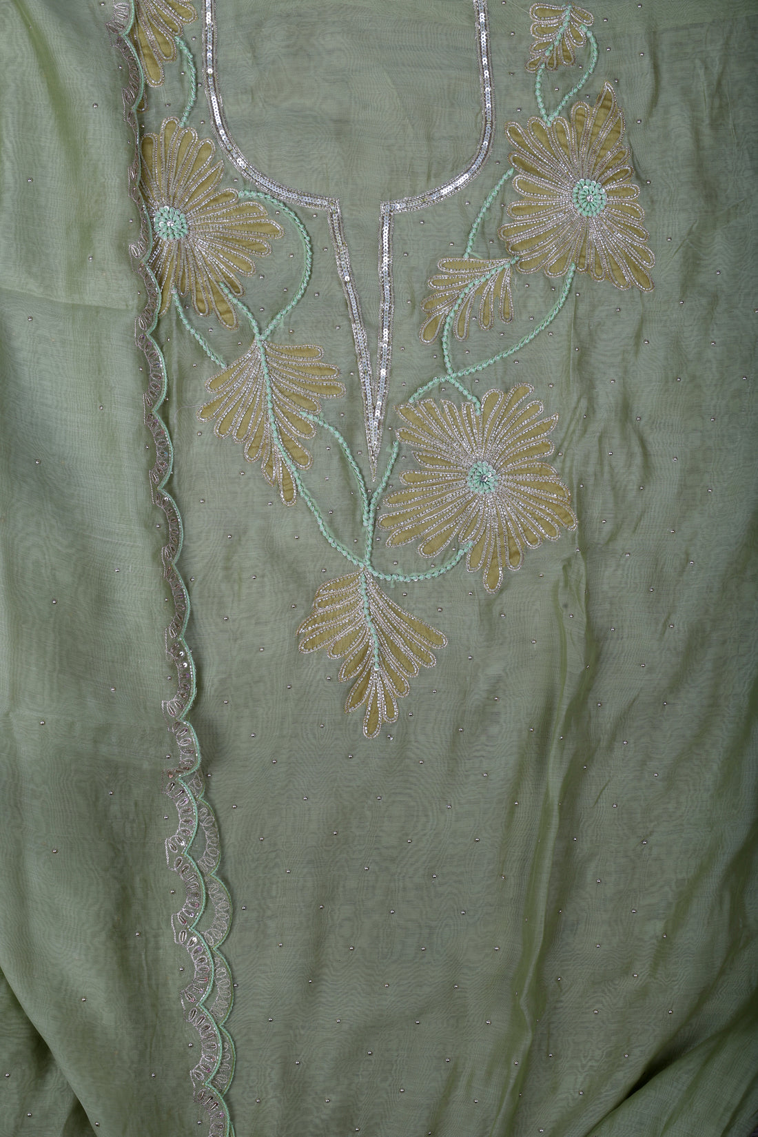 Elegant Sage Green Chanderi Silk Suit Set with Pearl & Katdana Work