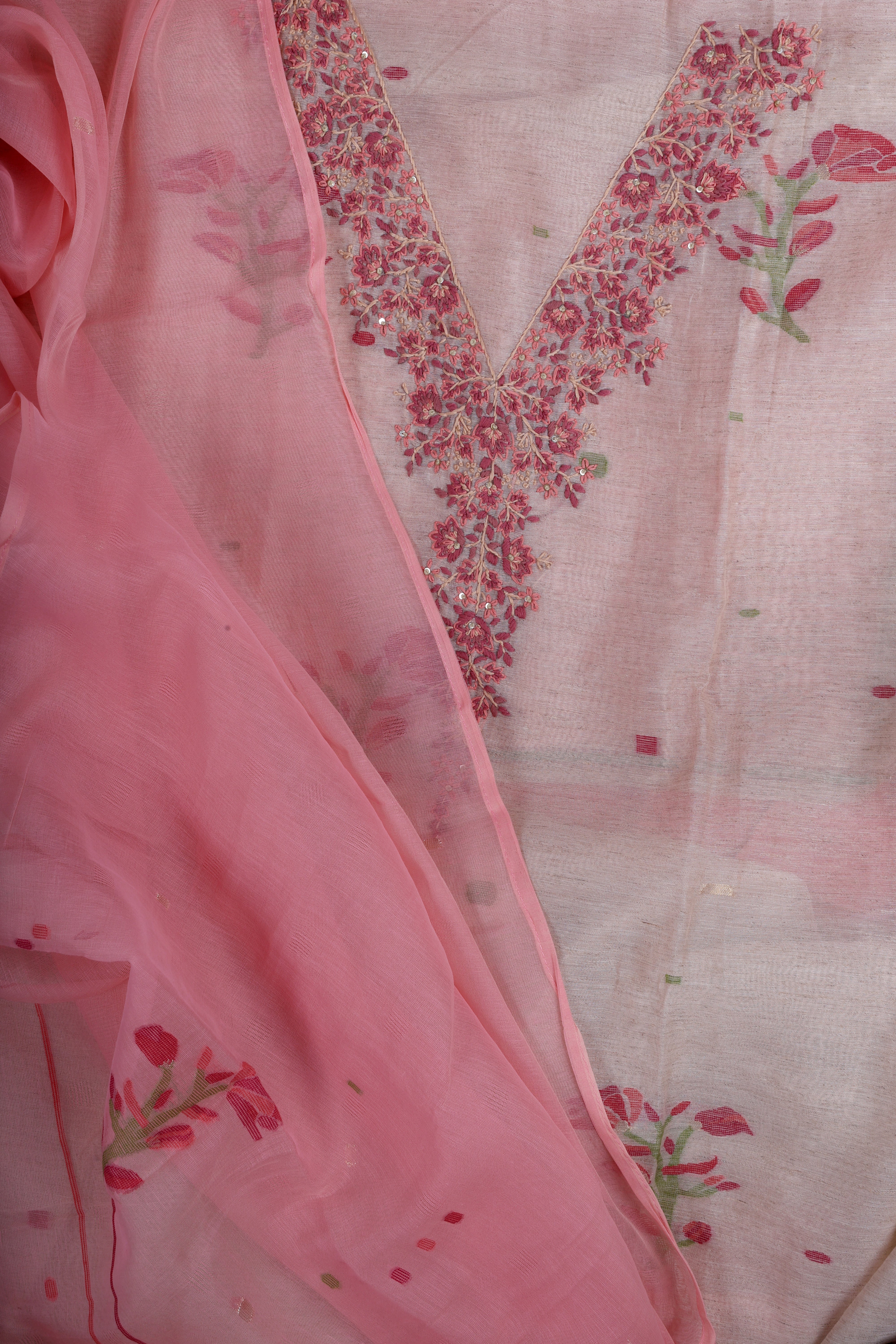 Blush Pink Linen Suit Set with Hand Embroidery Katha Work