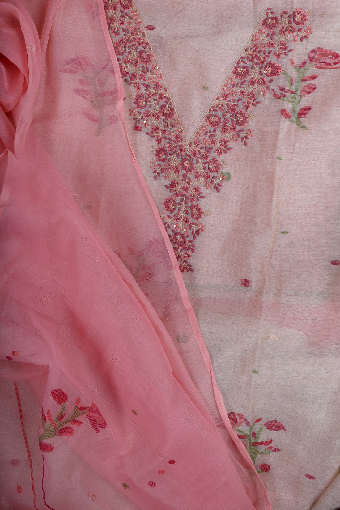 Blush Pink Linen Suit Set with Hand Embroidery Katha Work