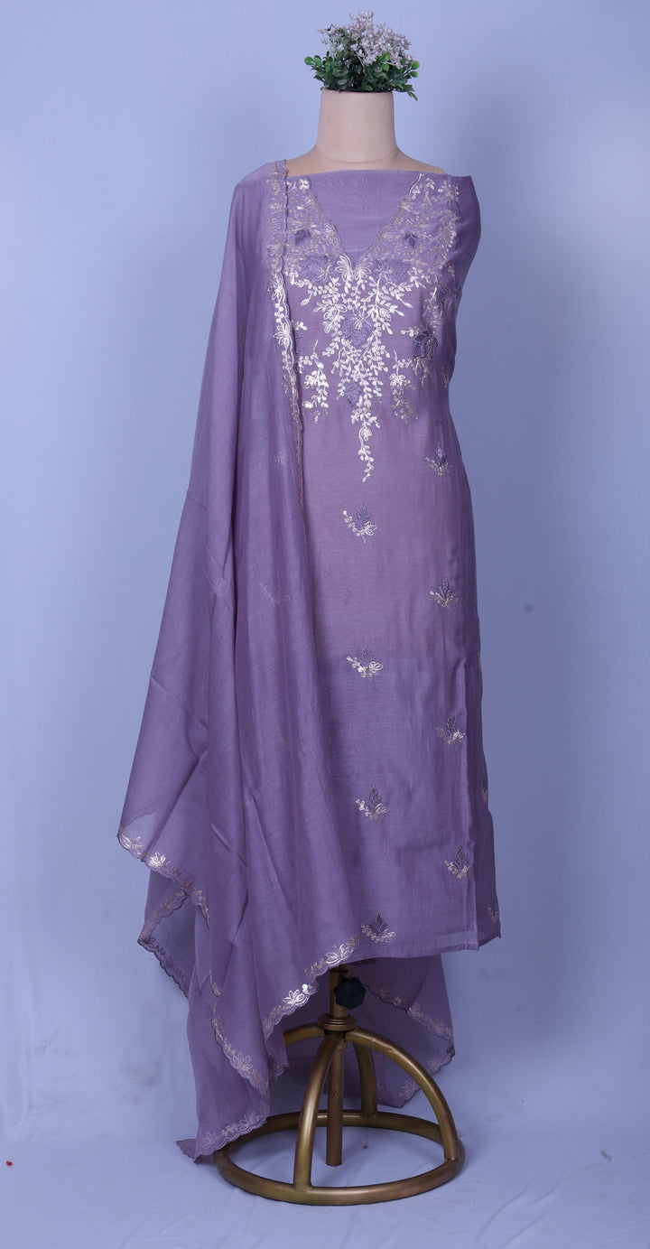 Lavender Chanderi Silk Suit Set with Elegant Pitta Work