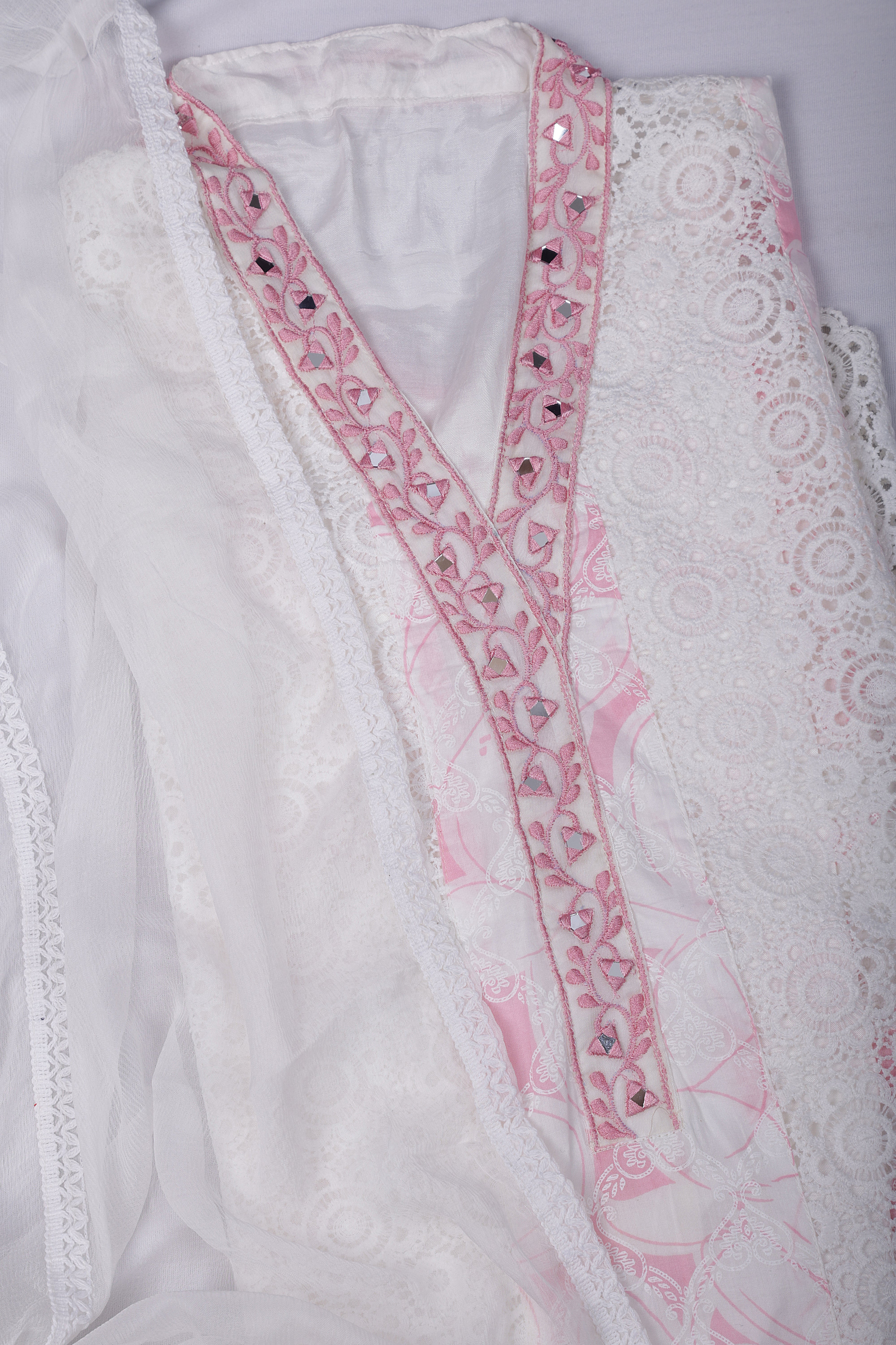Elegant White Mul Cotton Suit Set with Mirror Work Neckline