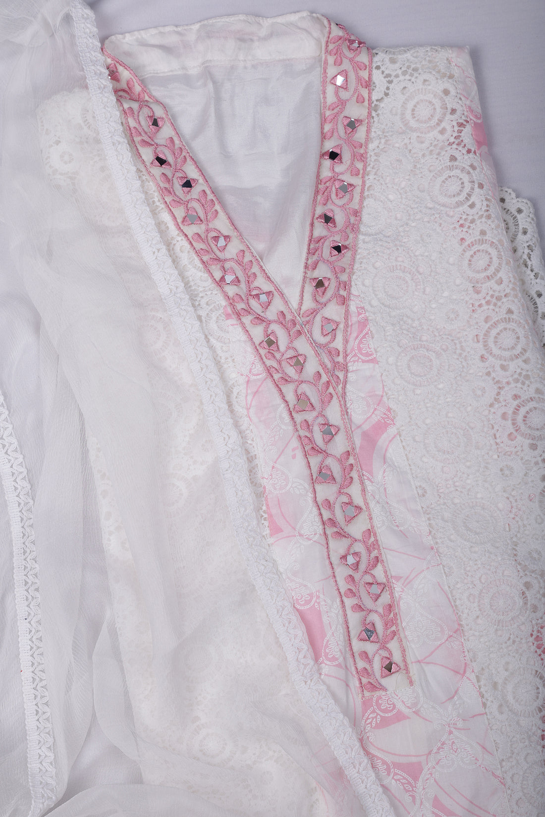 Elegant White Mul Cotton Suit Set with Mirror Work Neckline