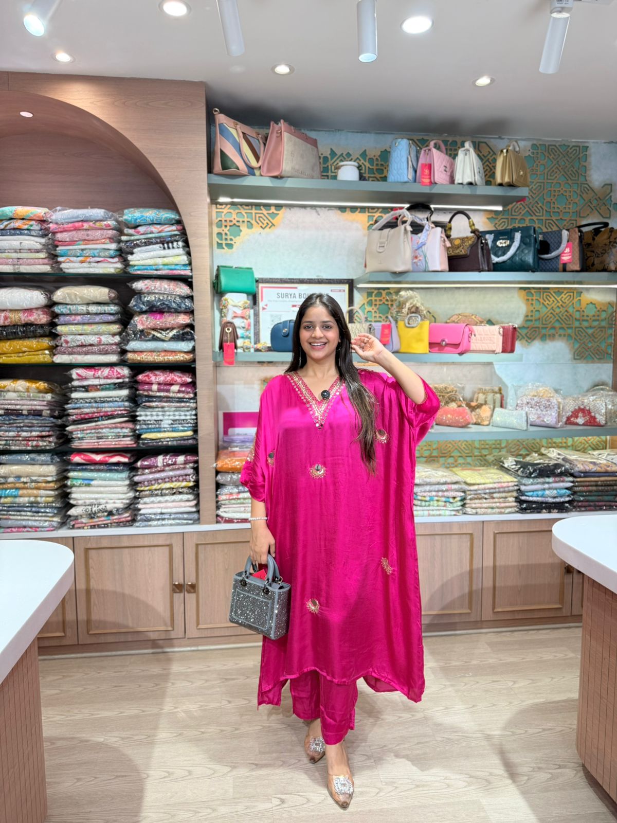 Fuchsia Noor Mirror Work Kaftan Set