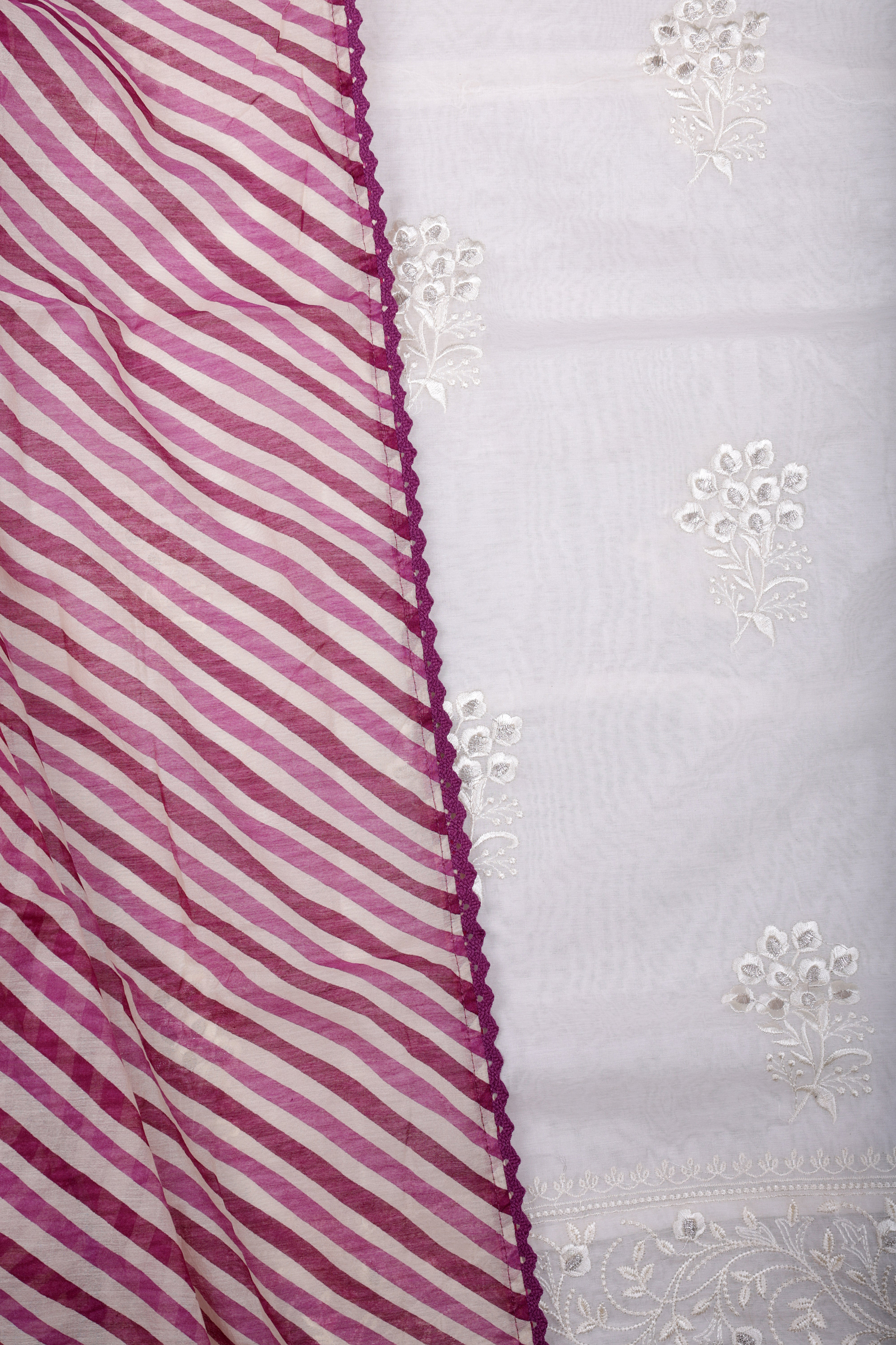 Ivory Mul Chanderi Suit Set with Berry Striped Dupatta