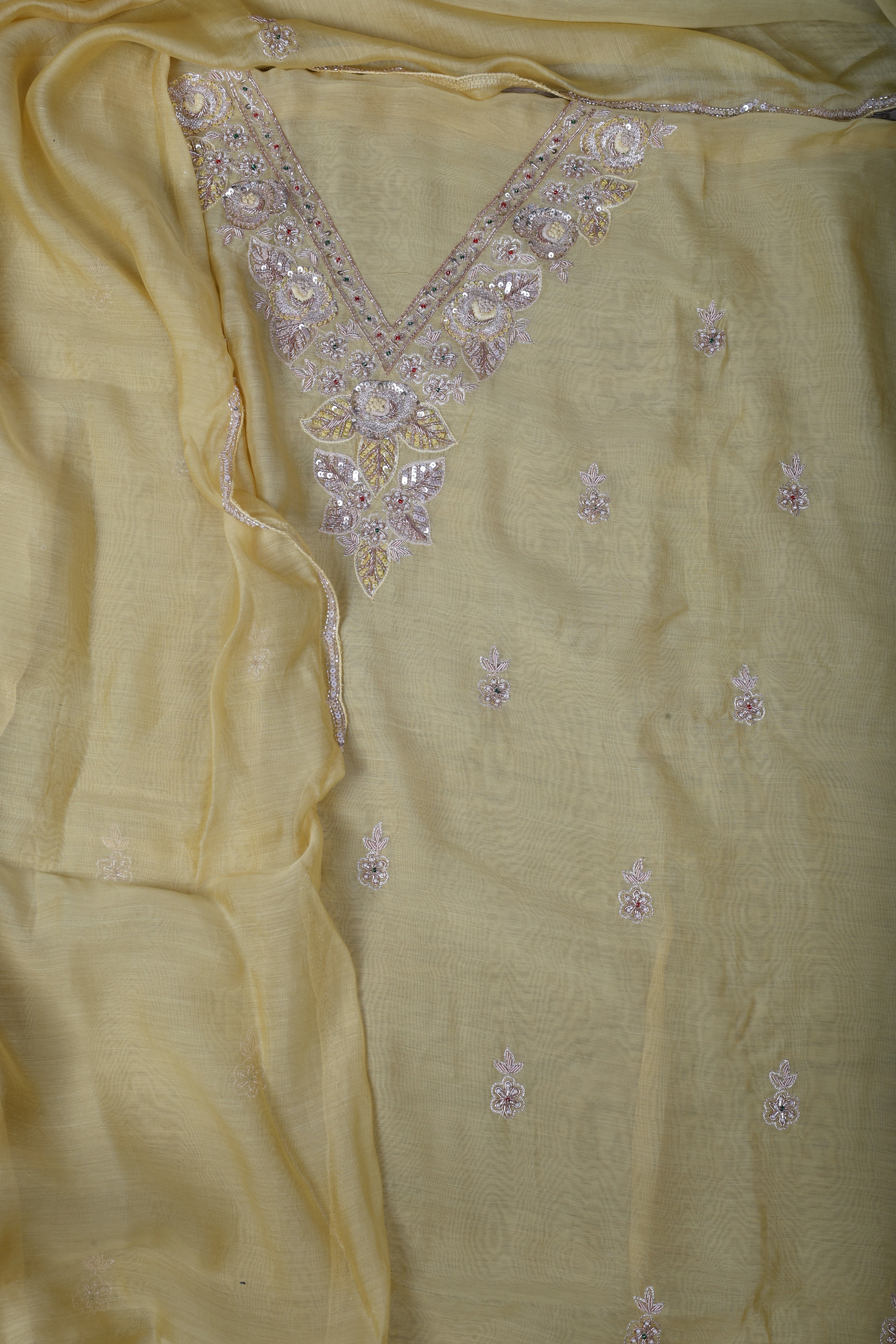 Butter Yellow Chanderi Silk Suit Set with Zardozi & Pearl Work