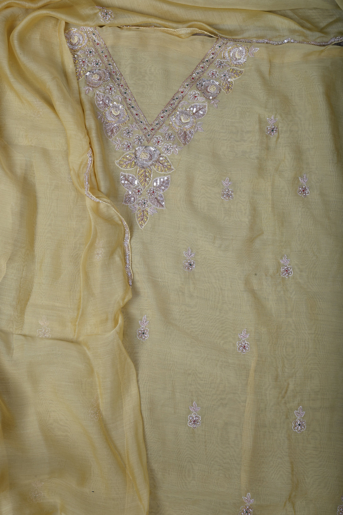 Butter Yellow Chanderi Silk Suit Set with Zardozi & Pearl Work